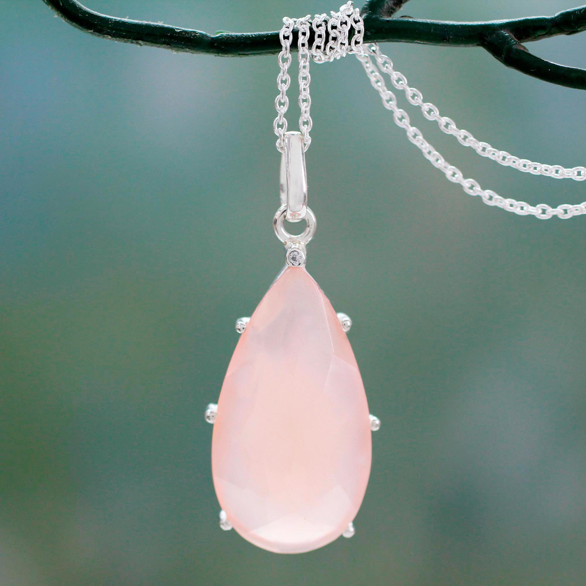 Premium Rose Droplet Necklace - Handcrafted Pink Chalcedony & Sterling Silver