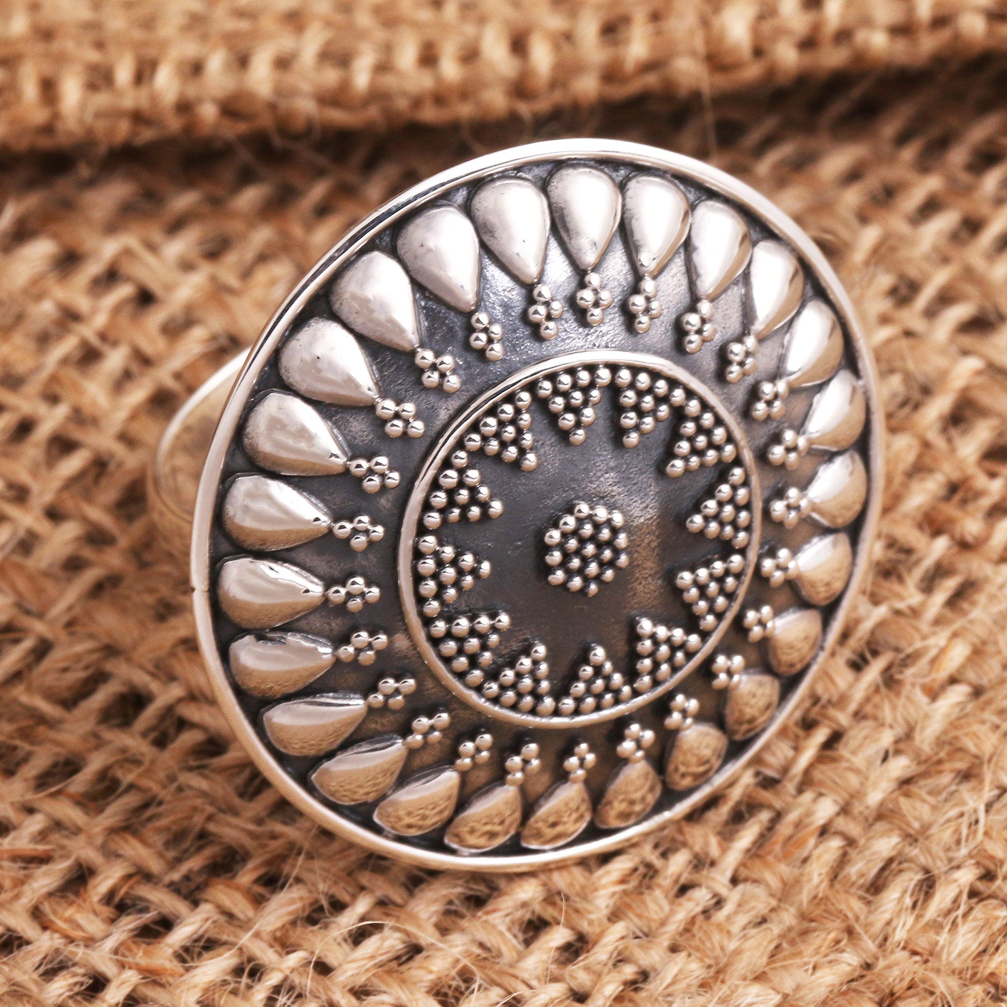 Premium Solar Flair Oxidized Sterling Silver Sun Cocktail Ring