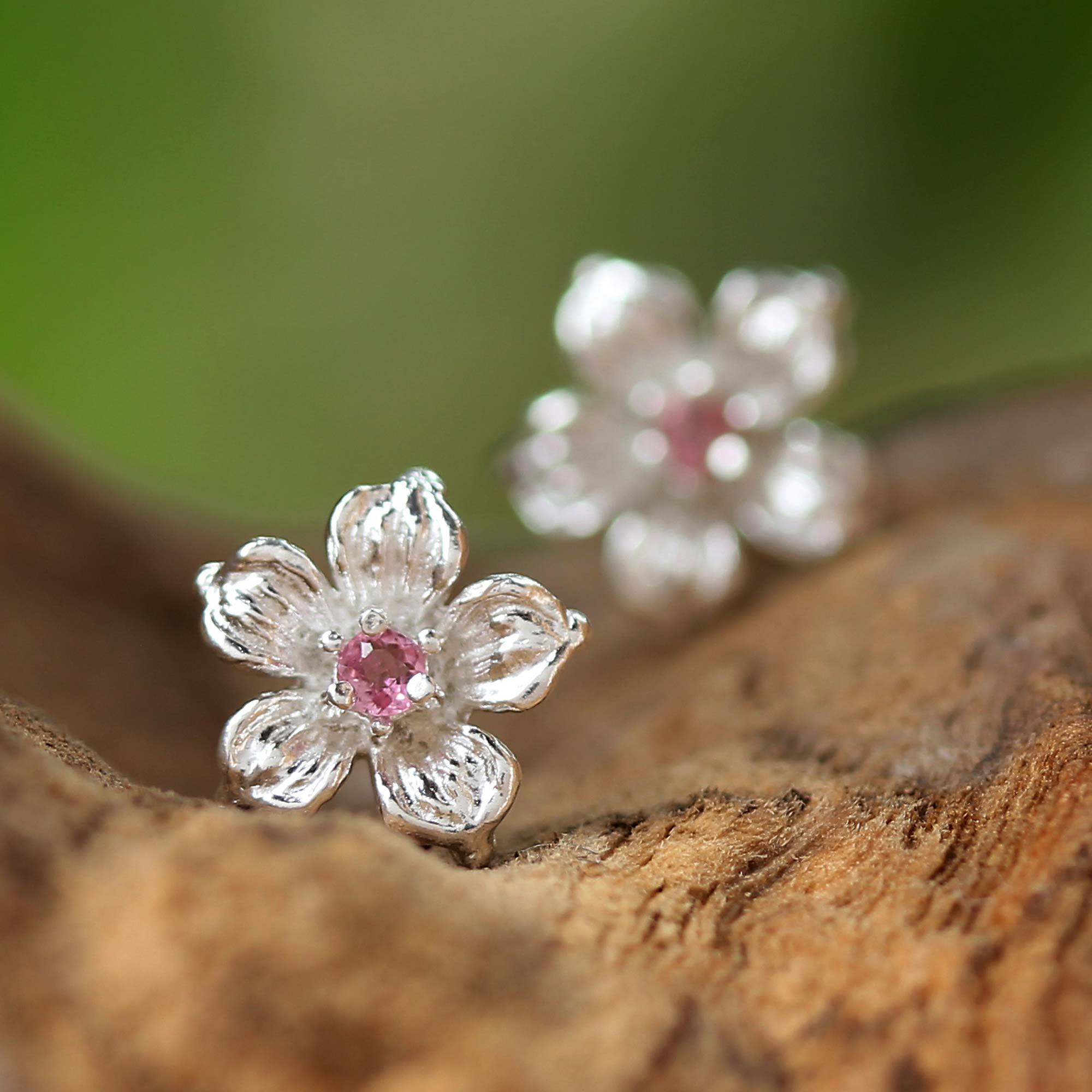 Premium Winter Blooms Sterling Silver Stud Earrings with Rosy Tourmaline