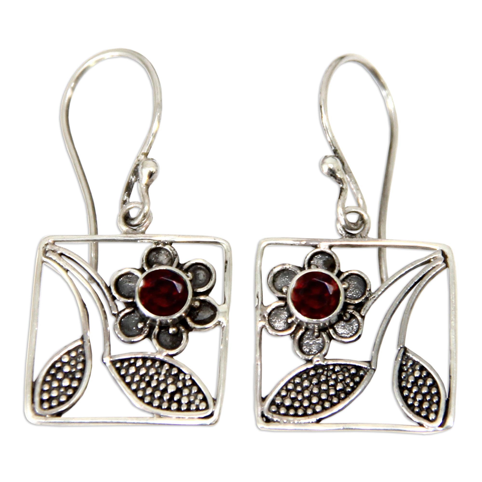 Premium Bali Daisy Sterling Silver Earrings - Handmade with Garnet