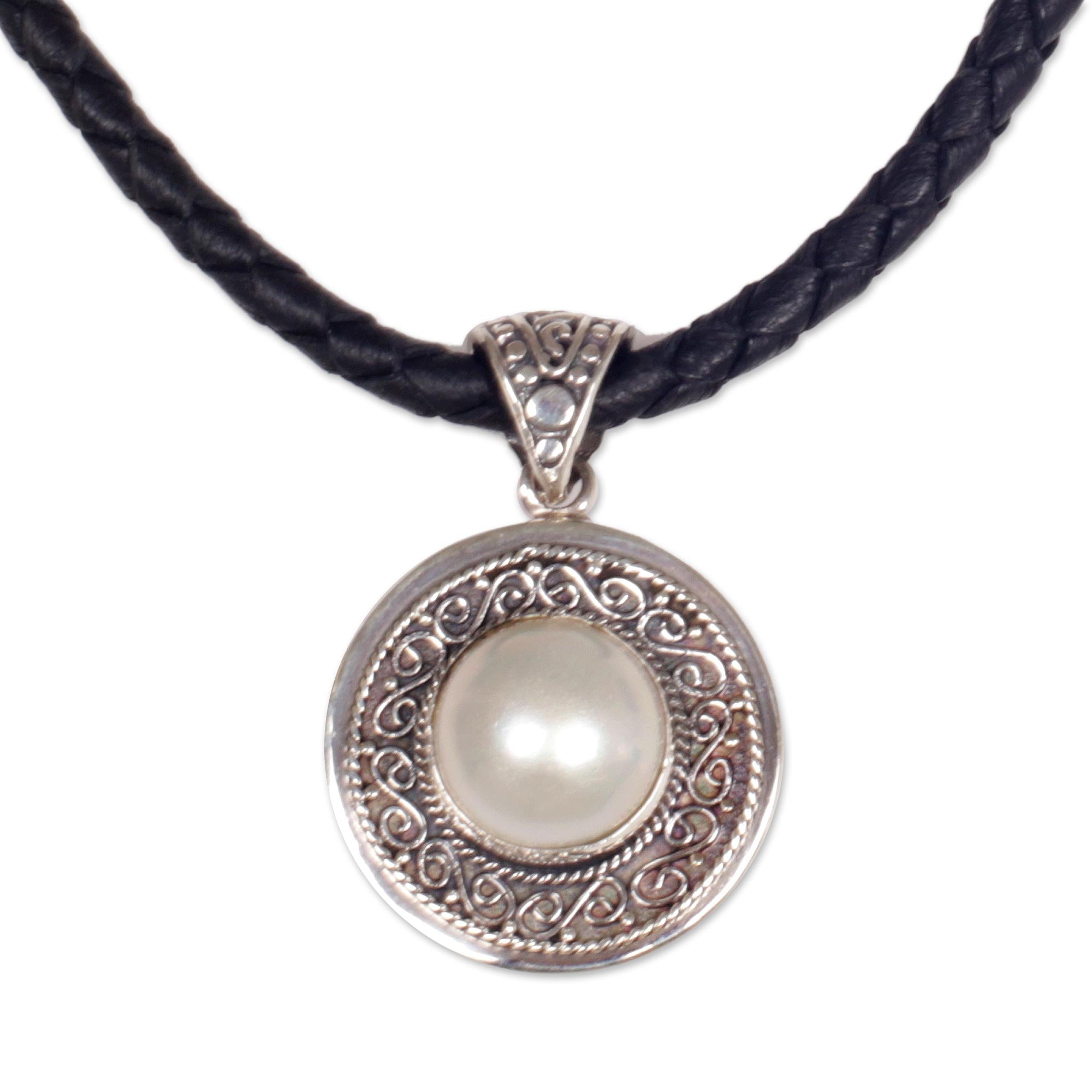 Premium Floral Ring Sterling Silver Pendant Necklace with Leather Cord - Handcrafted in Indonesia