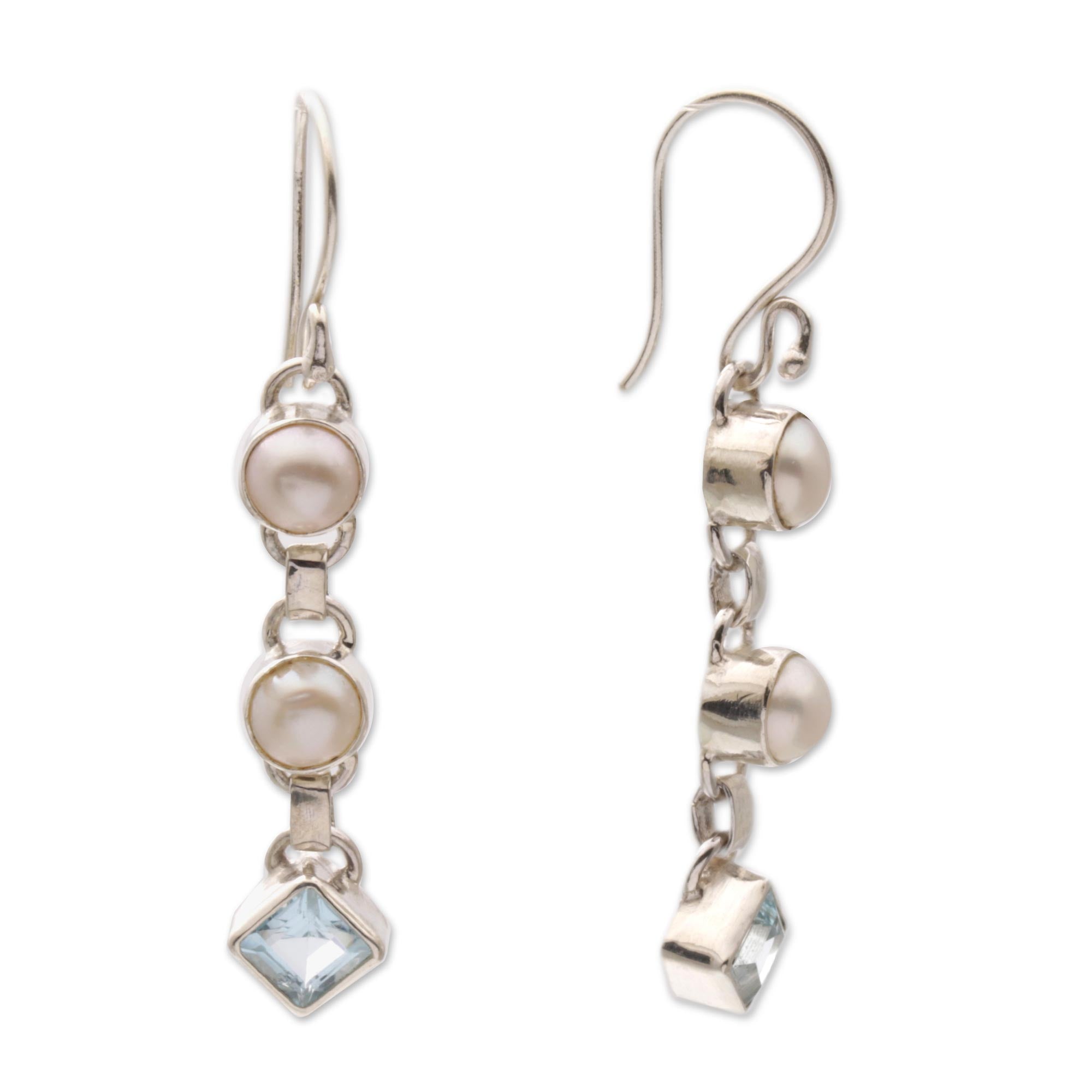 Premium Silver Trail Blue Topaz & Pearl Dangle Earrings - Handcrafted Elegance