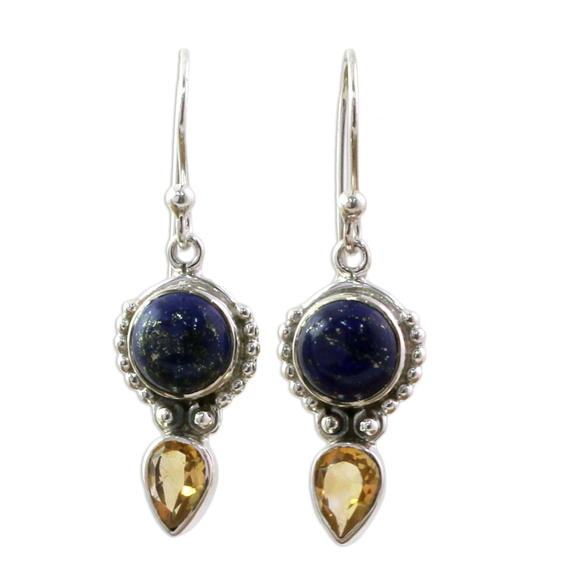 Premium Indian Dew Citrine & Lapis Lazuli Dangle Earrings - Handcrafted Sterling Silver