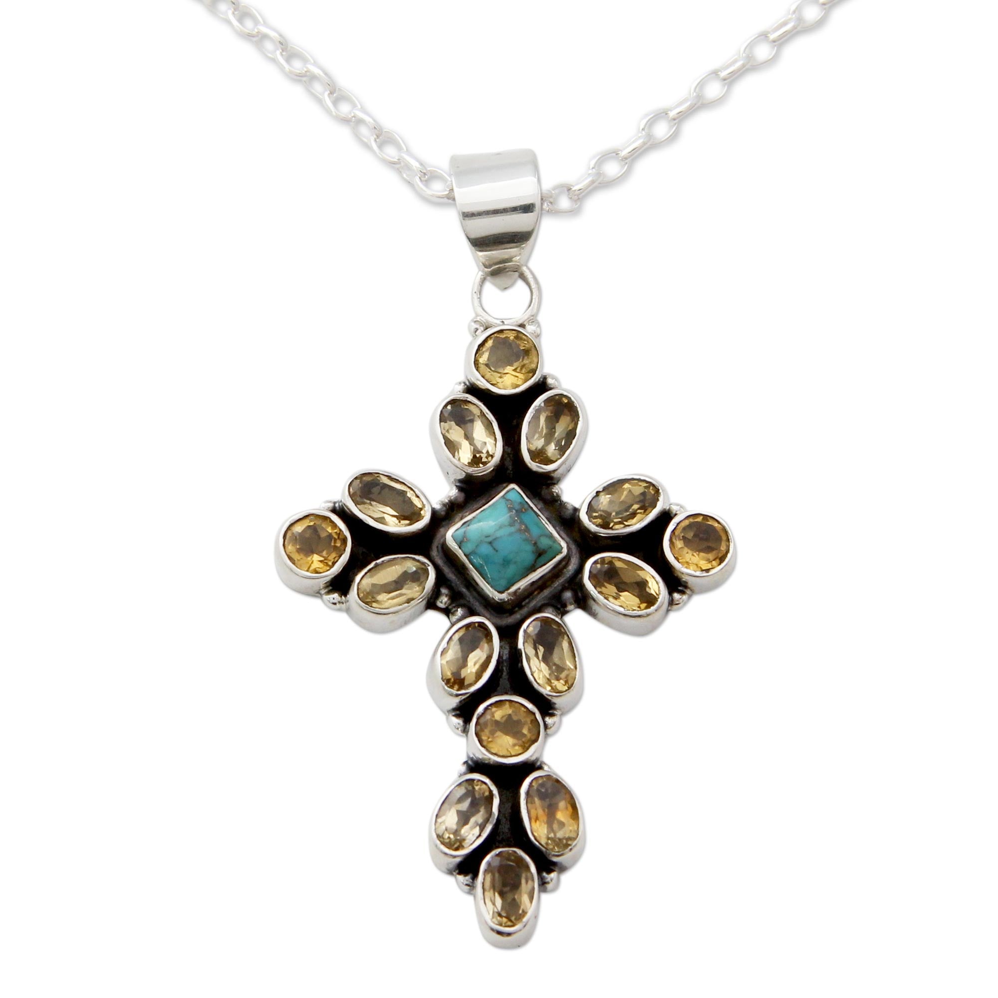 Premium Radiant Cross Pendant Necklace with Citrine and Sterling Silver