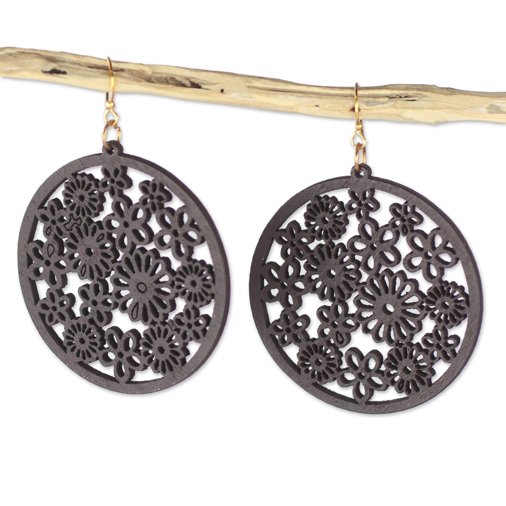 Premium Ebony Wood Floral Dangle Earrings - Handcrafted Elegance