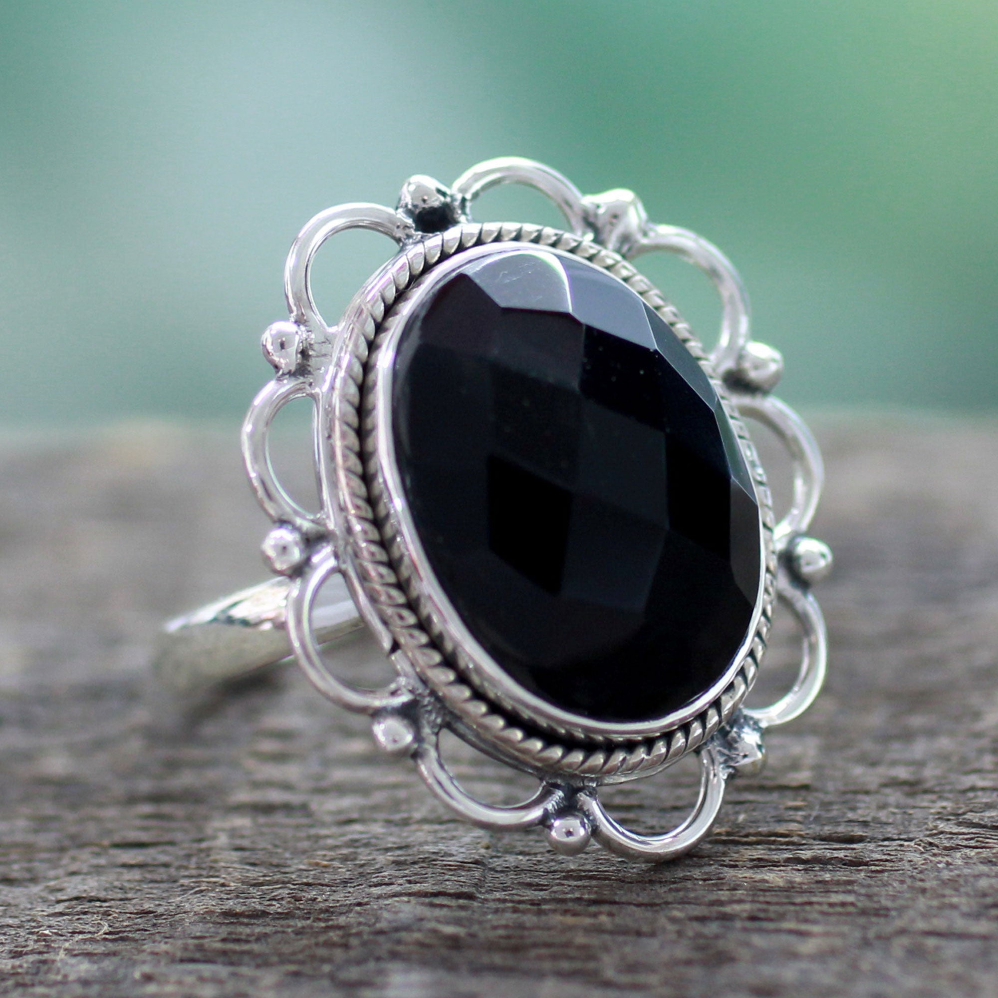 Premium Midnight Blossom Onyx Ring | Handcrafted Sterling Silver Jewelry