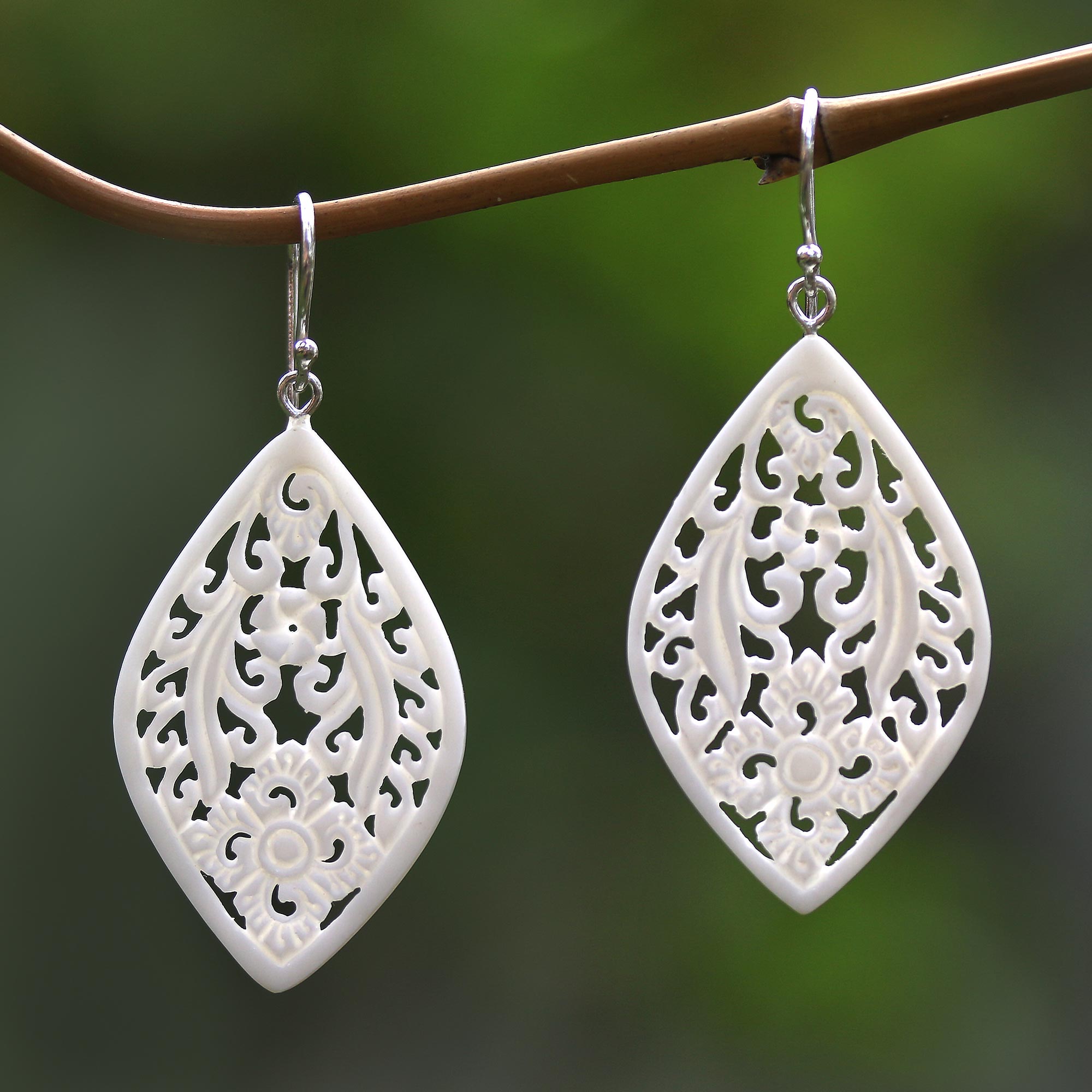 Premium Bali Windows Hand-Carved Floral Bone Dangle Earrings - Authentic Balinese Artistry