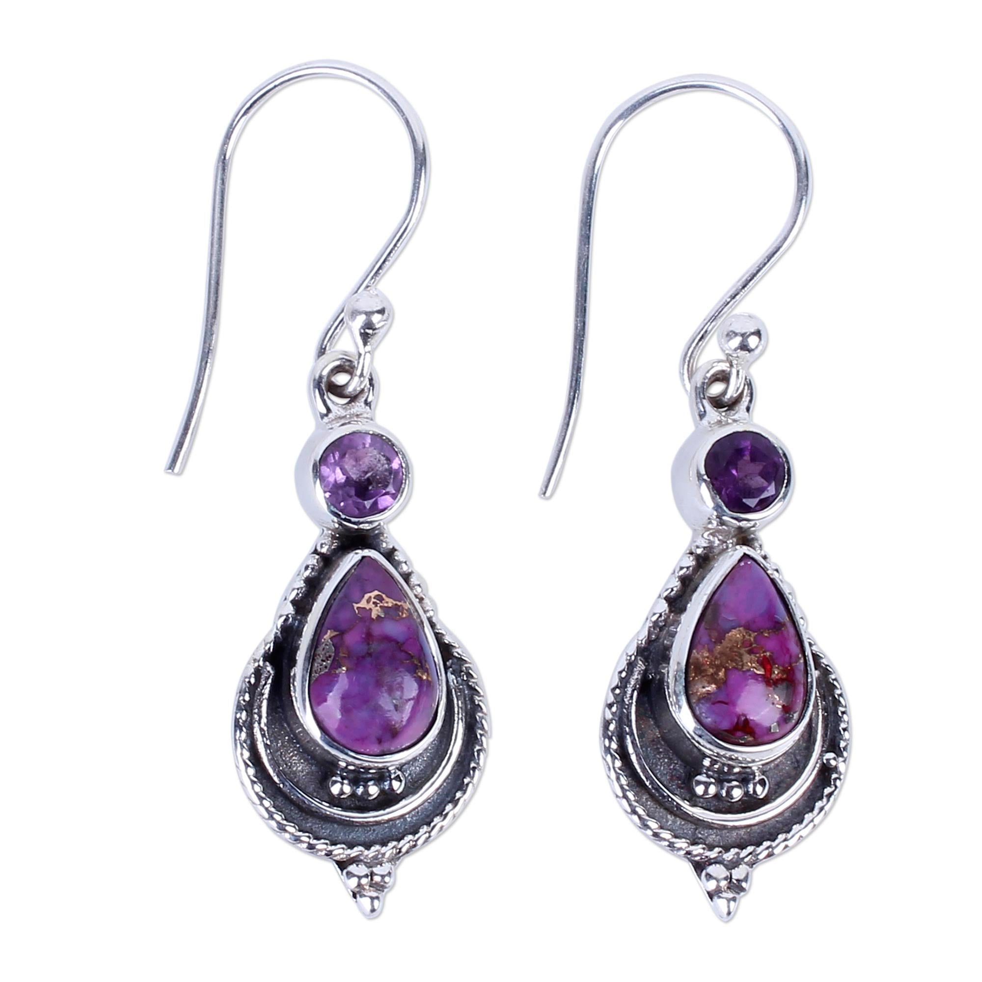 Premium Mughal Lilac Sterling Silver Dangle Earrings - Handcrafted Elegance