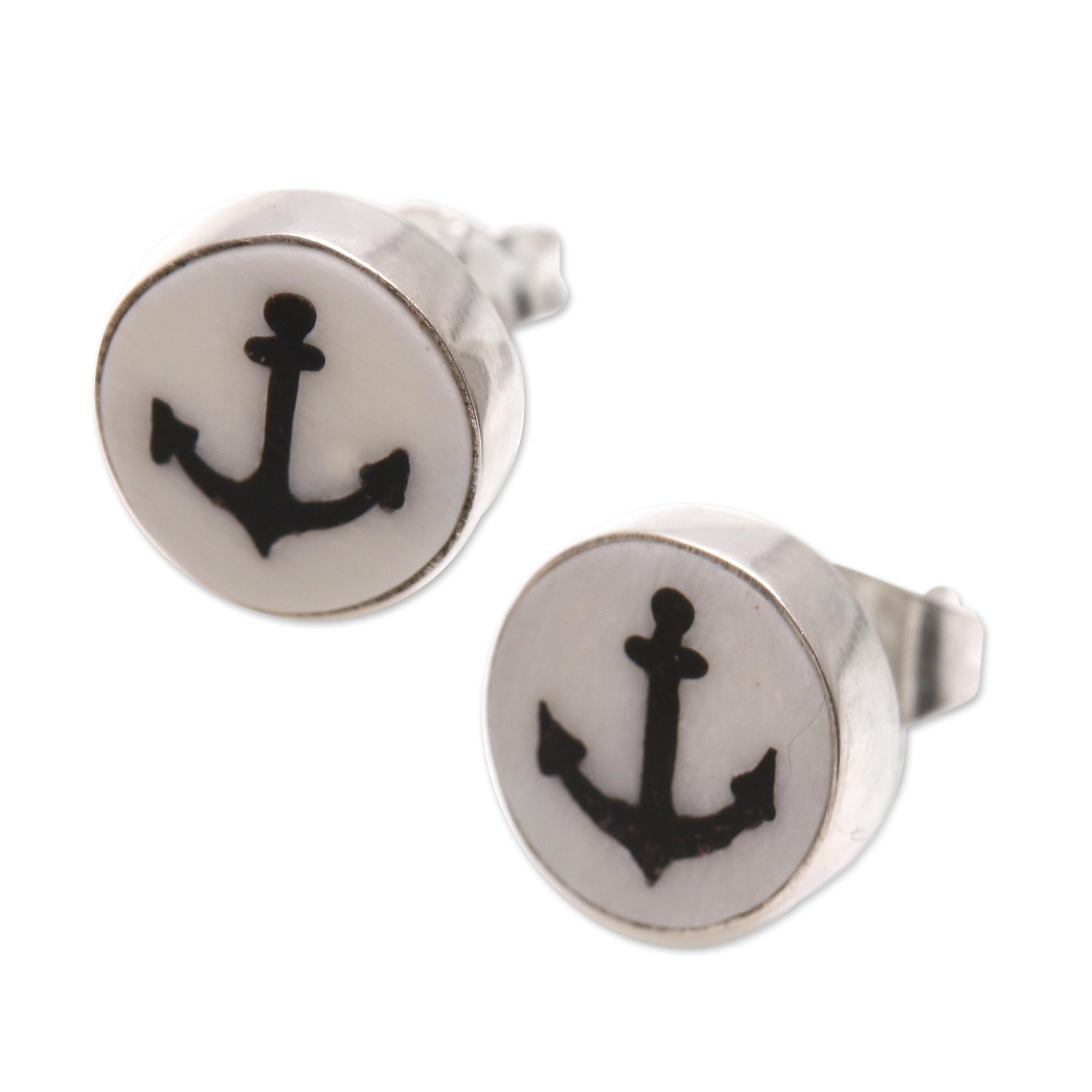 Premium Black Anchor Stud Earrings - Handcrafted Bali Silver Jewelry