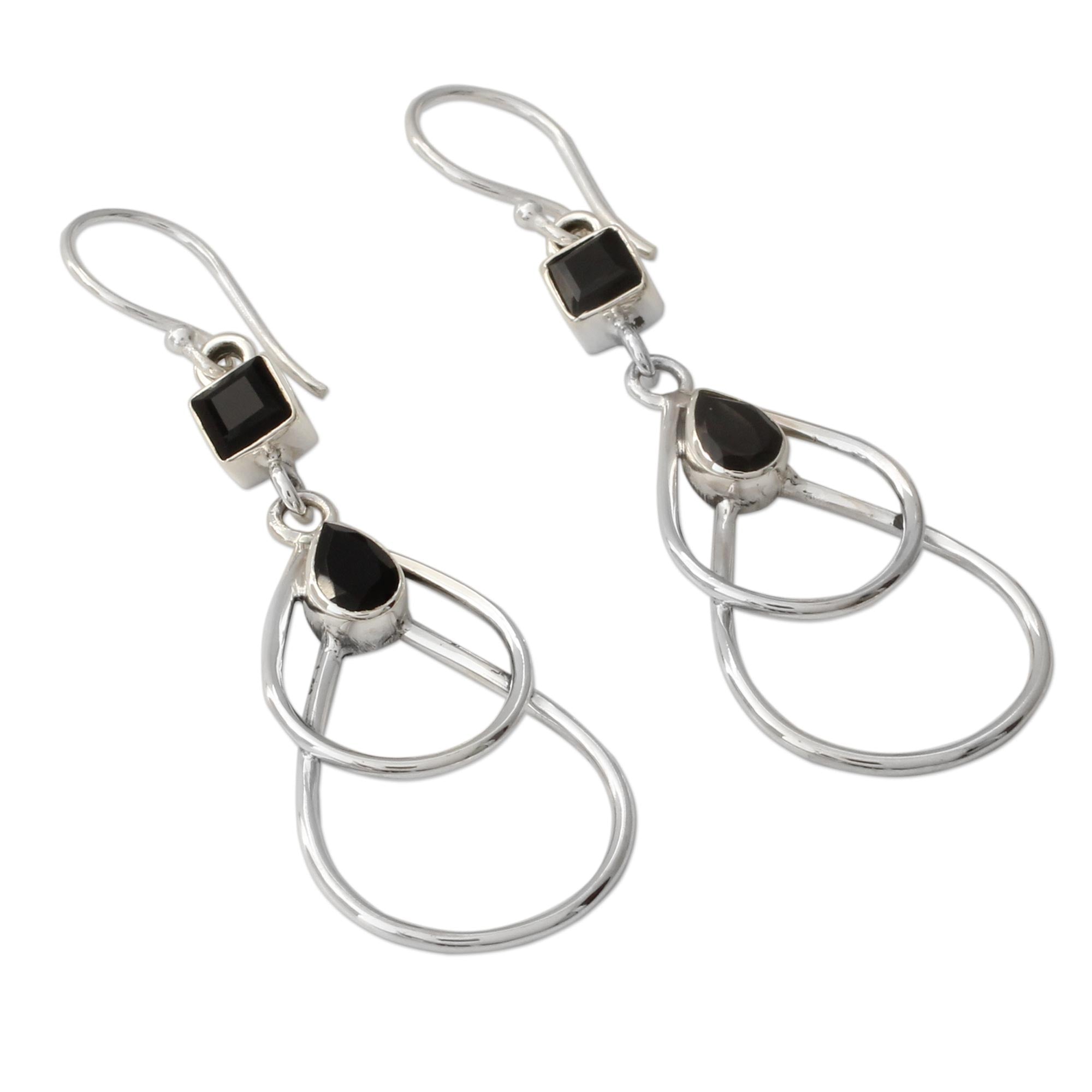 Premium Black Ice Onyx Dangle Earrings in Polished Sterling Silver