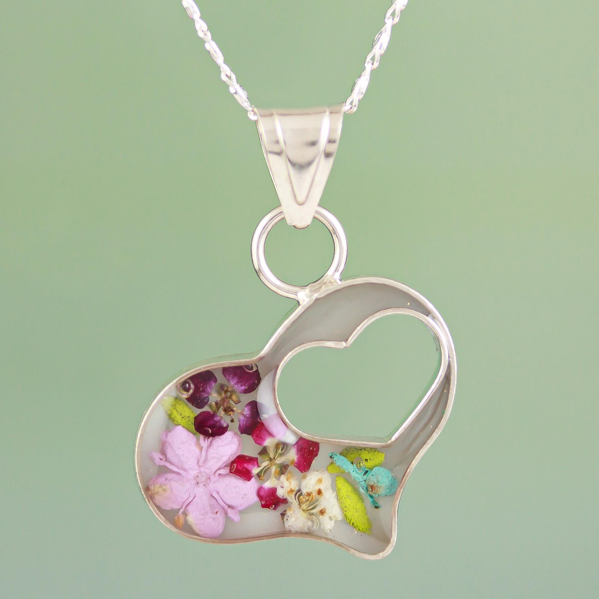 Premium Double Heart Flower Resin Pendant Necklace in Sterling Silver