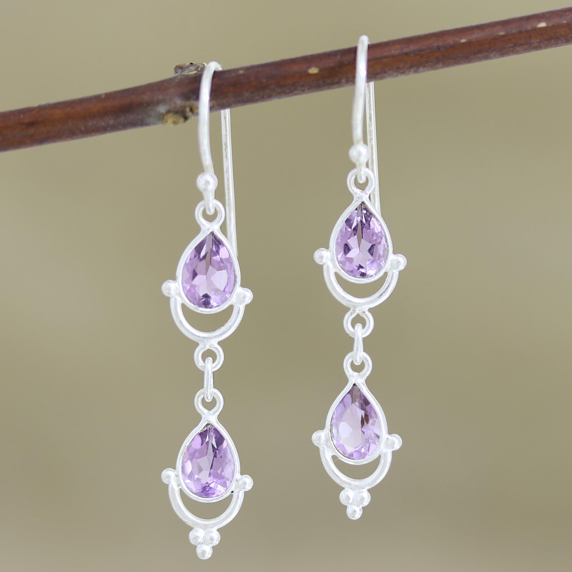 Premium Royal Rain Amethyst Sterling Silver Dangle Earrings – Handcrafted Elegance