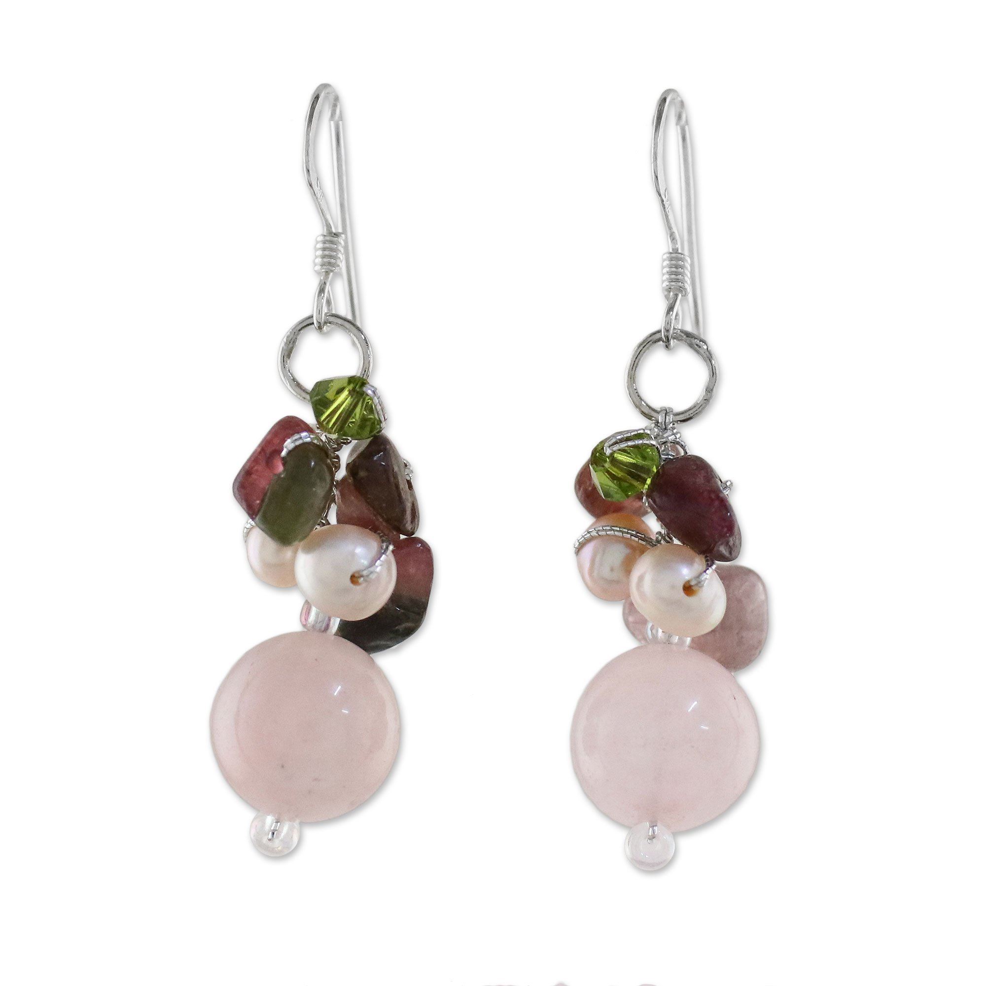 Premium Cultured Pearl & Rose Quartz Sterling Silver Earrings