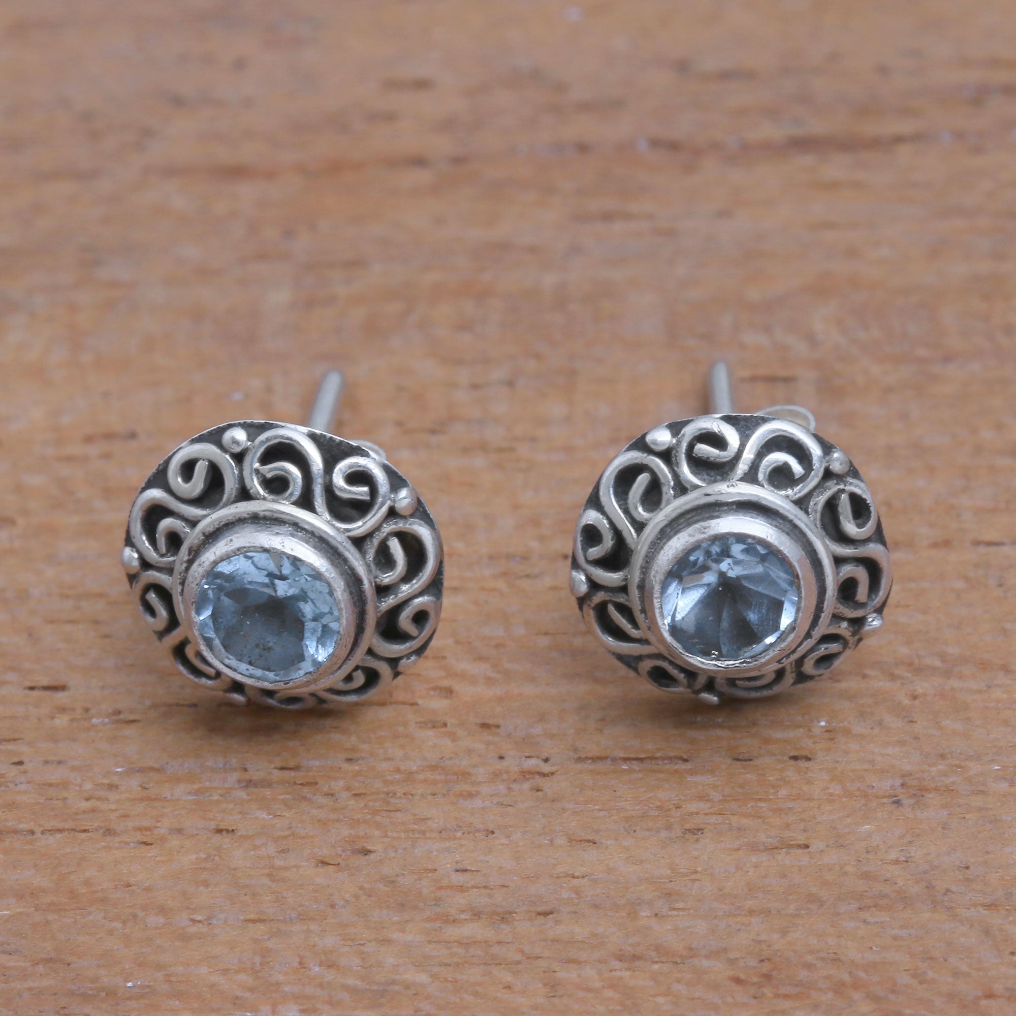 Premium Blue Topaz Sterling Silver Stud Earrings - Handmade in Bali