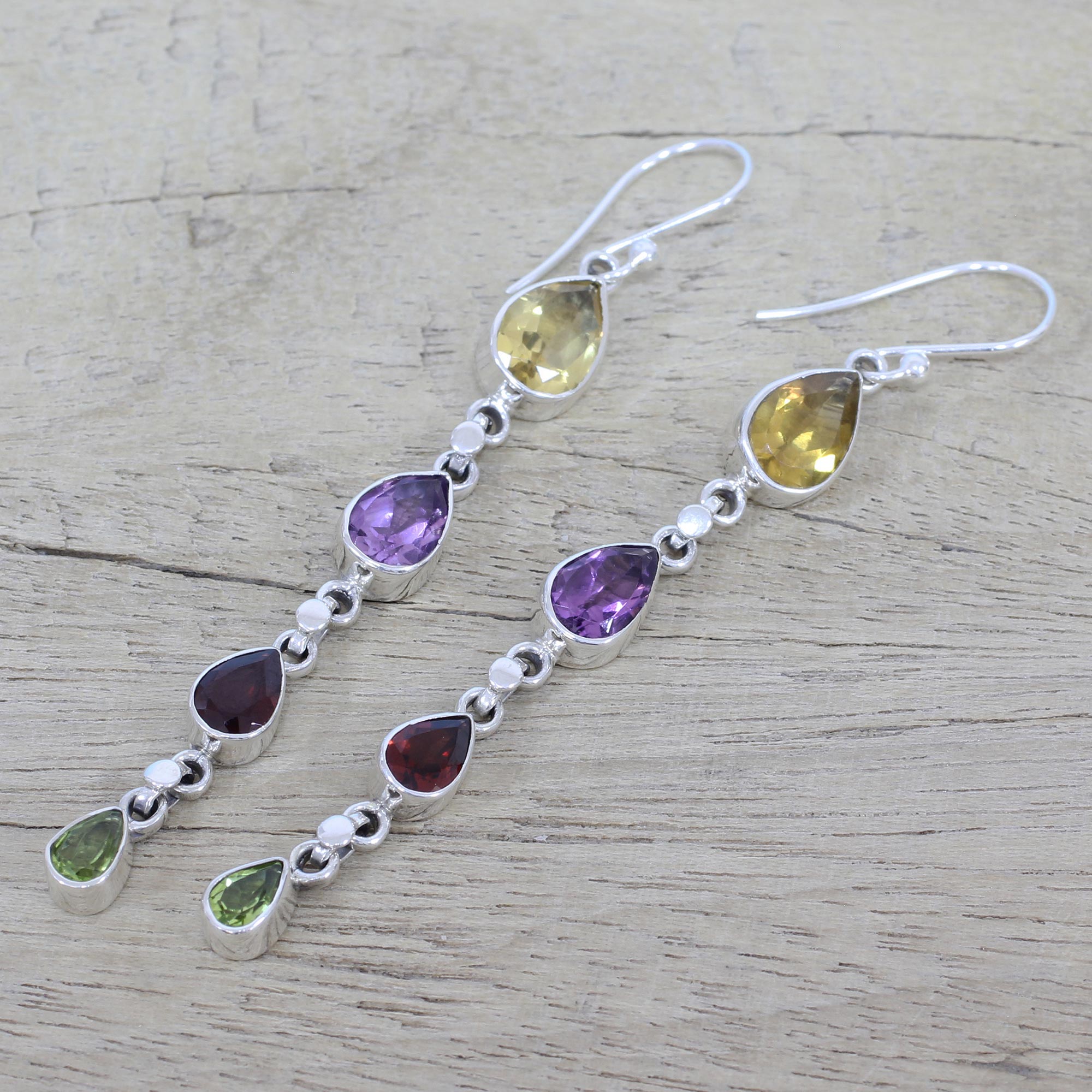 Premium Multi-Gemstone Dangle Earrings - Citrine, Amethyst, Garnet & Peridot