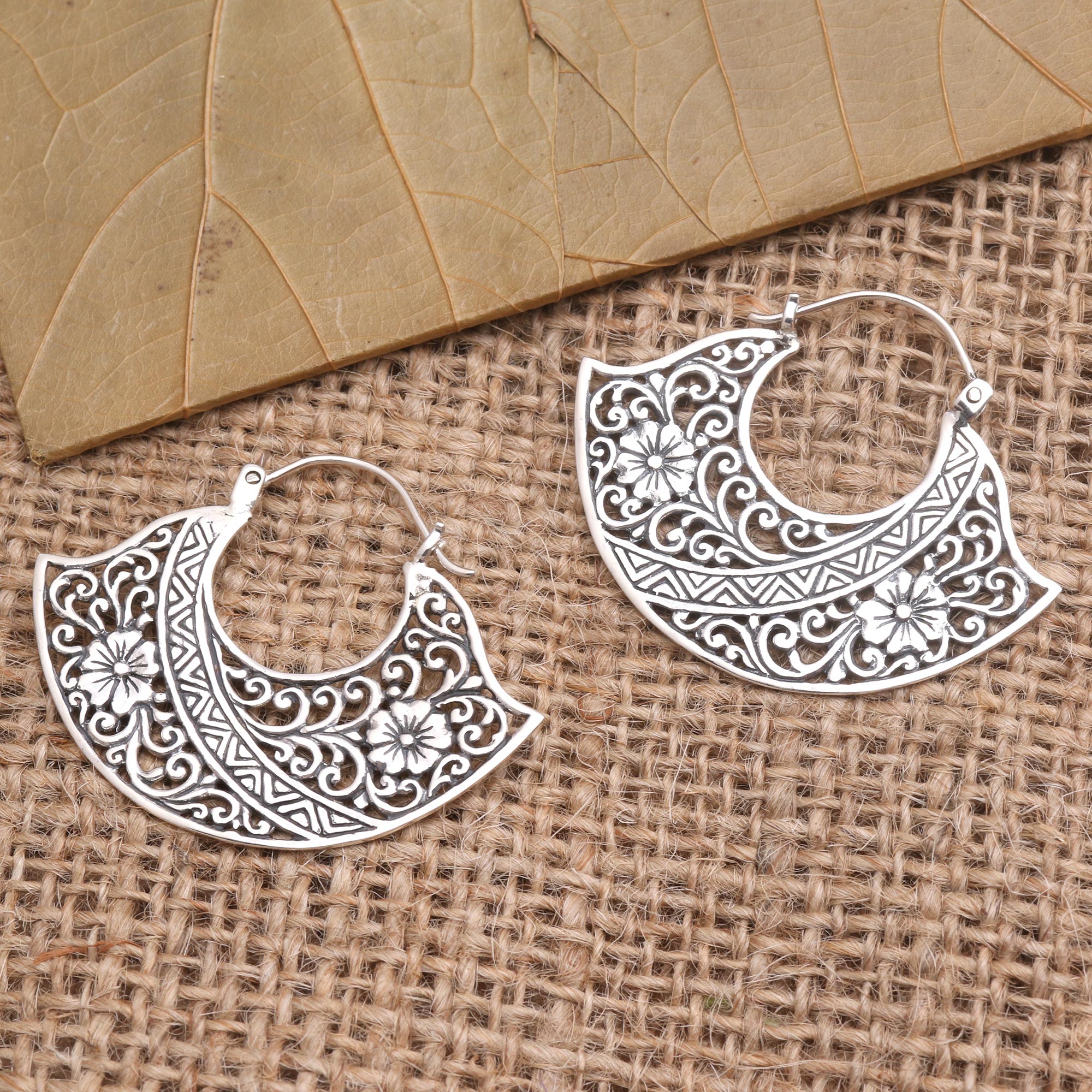 Premium Sterling Silver Floral Hoop Earrings from Bali - Elegant Cape of Flowers Design