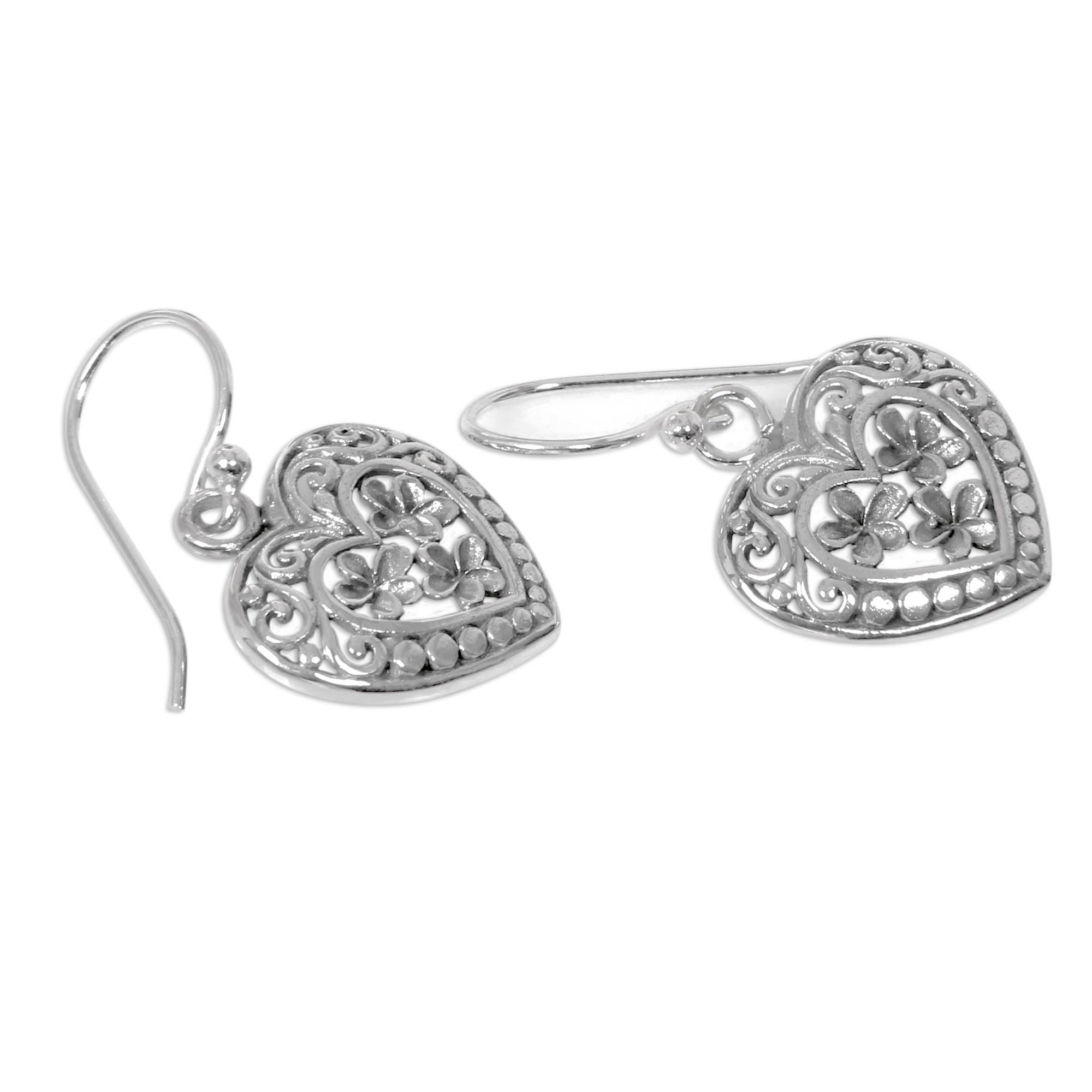 Premium Romantic Frangipani Sterling Silver Heart Earrings - Handcrafted Floral Design