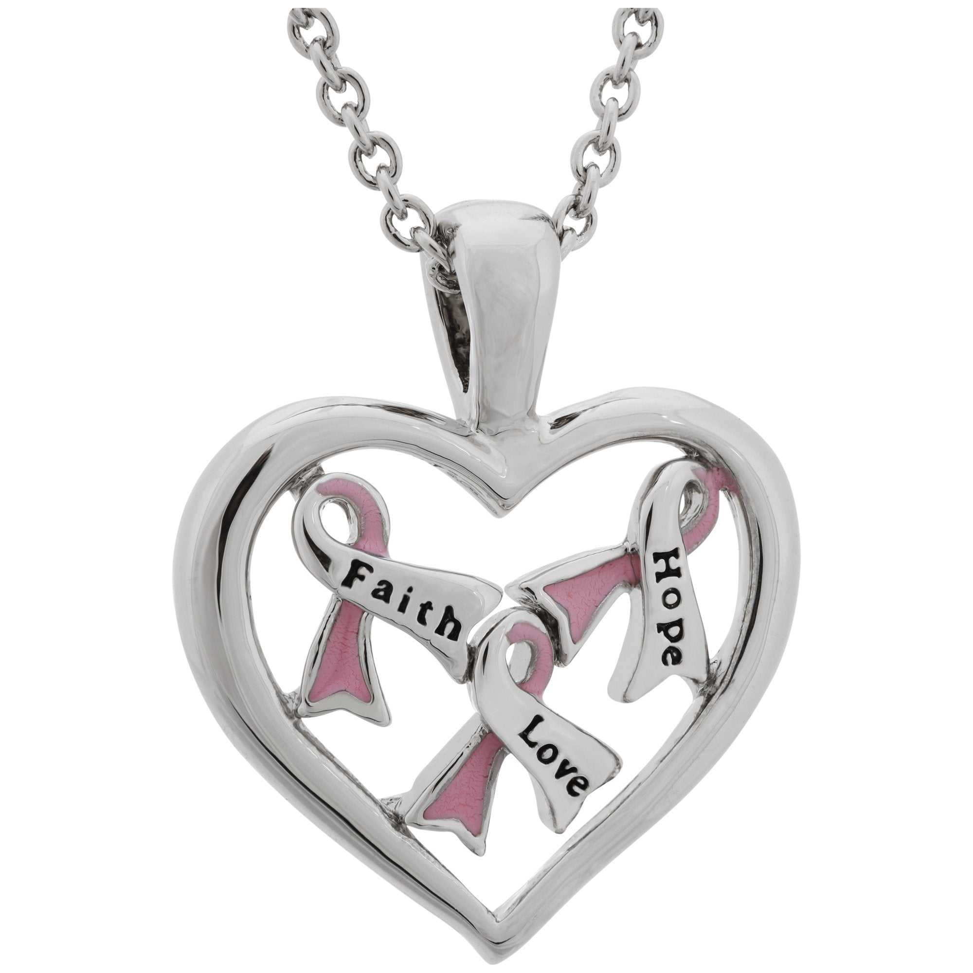 Premium Pink Ribbon Heart Necklace - Faith, Hope, Love