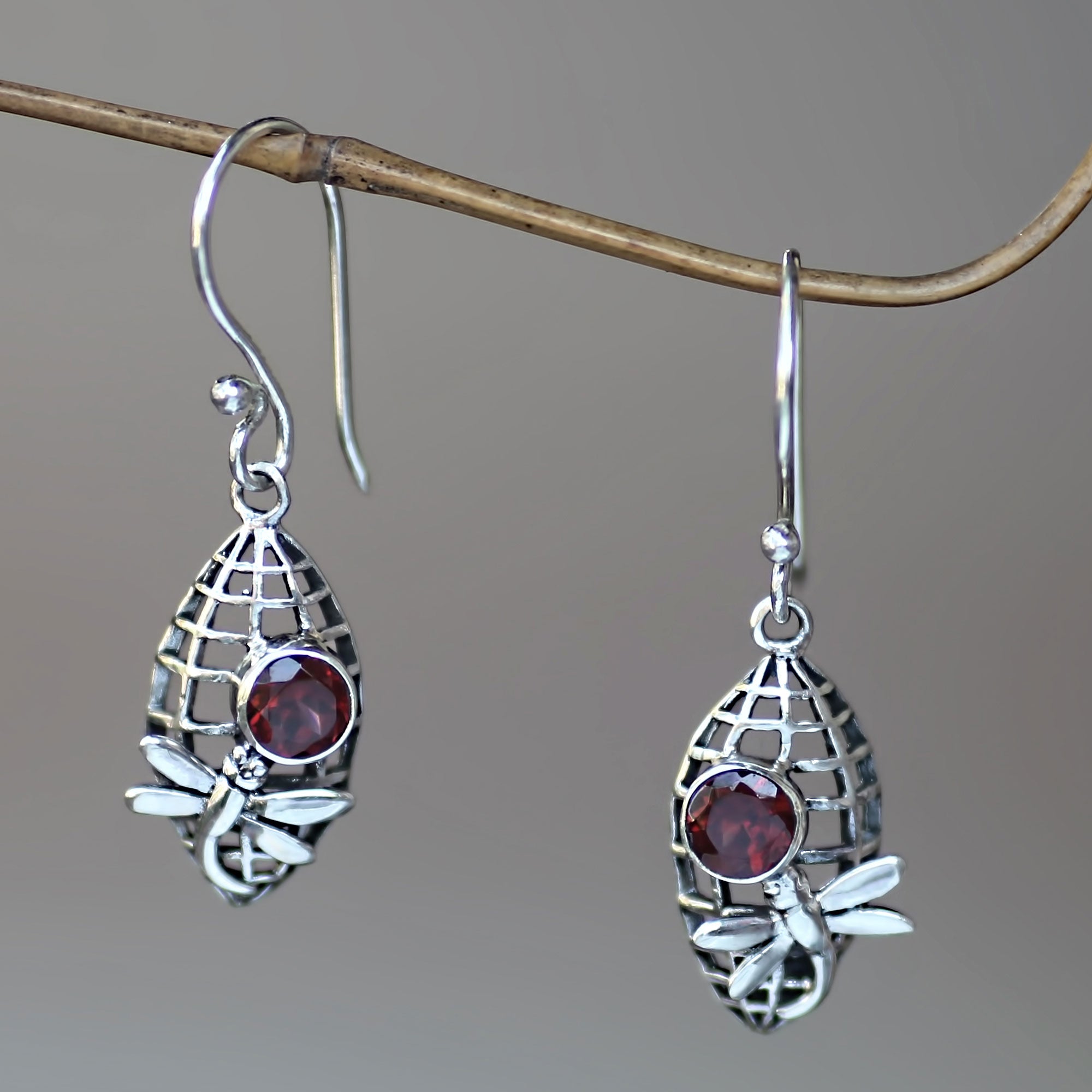 Premium Crimson Dragonfly Earrings with 1 Carat Garnet Accents - Handcrafted Sterling Silver Jewelry