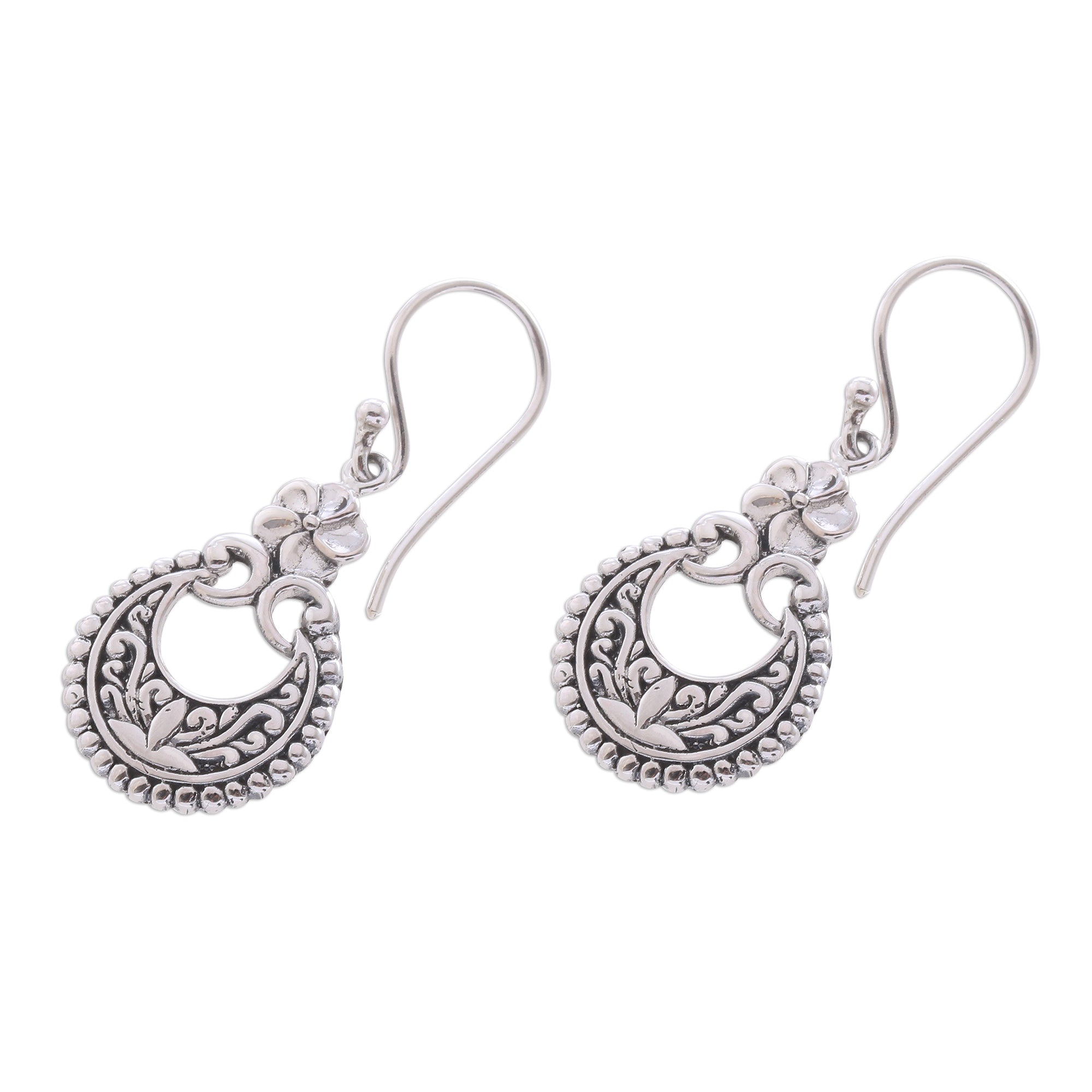 Premium Frangipani Crescents Sterling Silver Dangle Earrings - Handcrafted in Bali