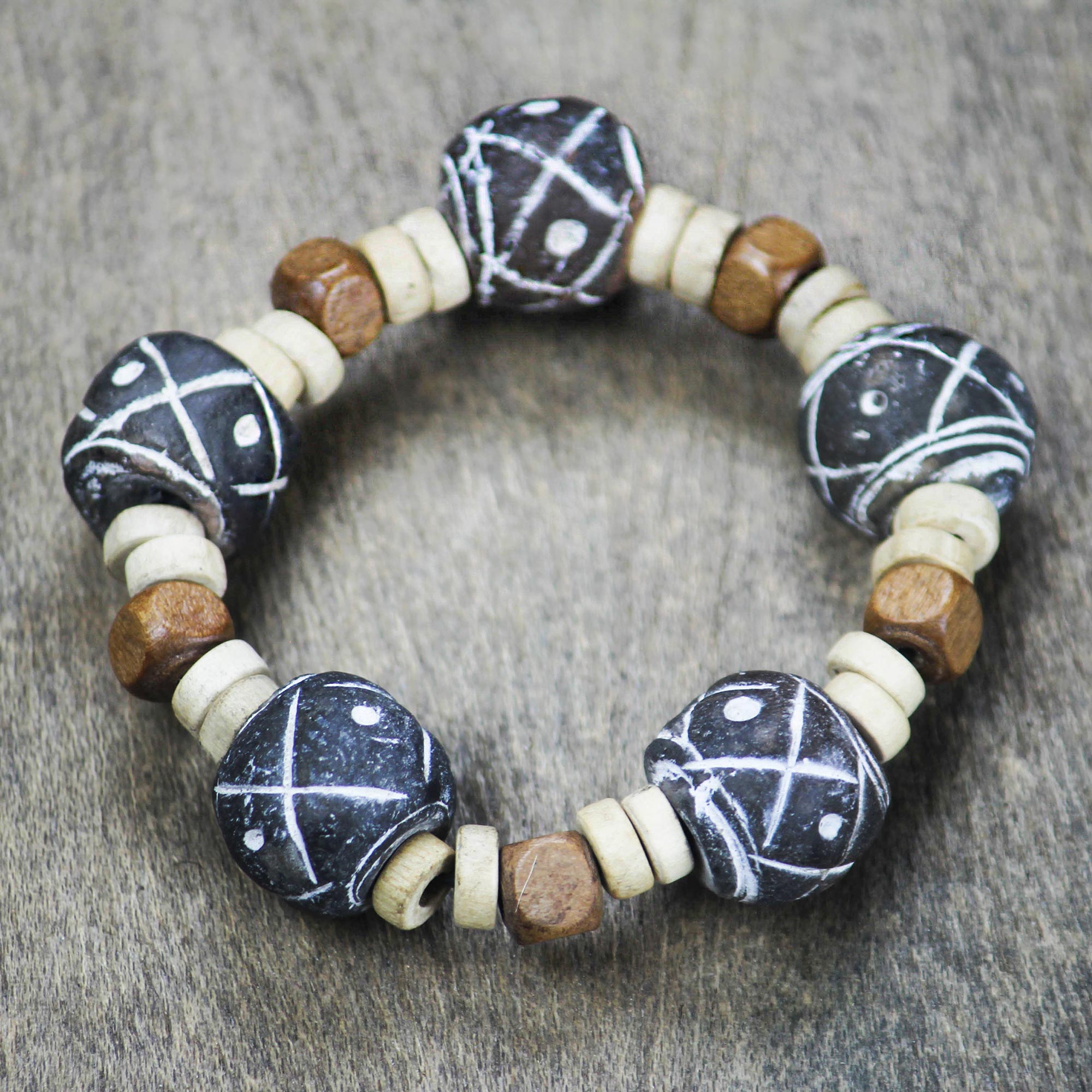 Premium Terracotta & Sese Wood Beaded Stretch Bracelet - Handcrafted in Ghana