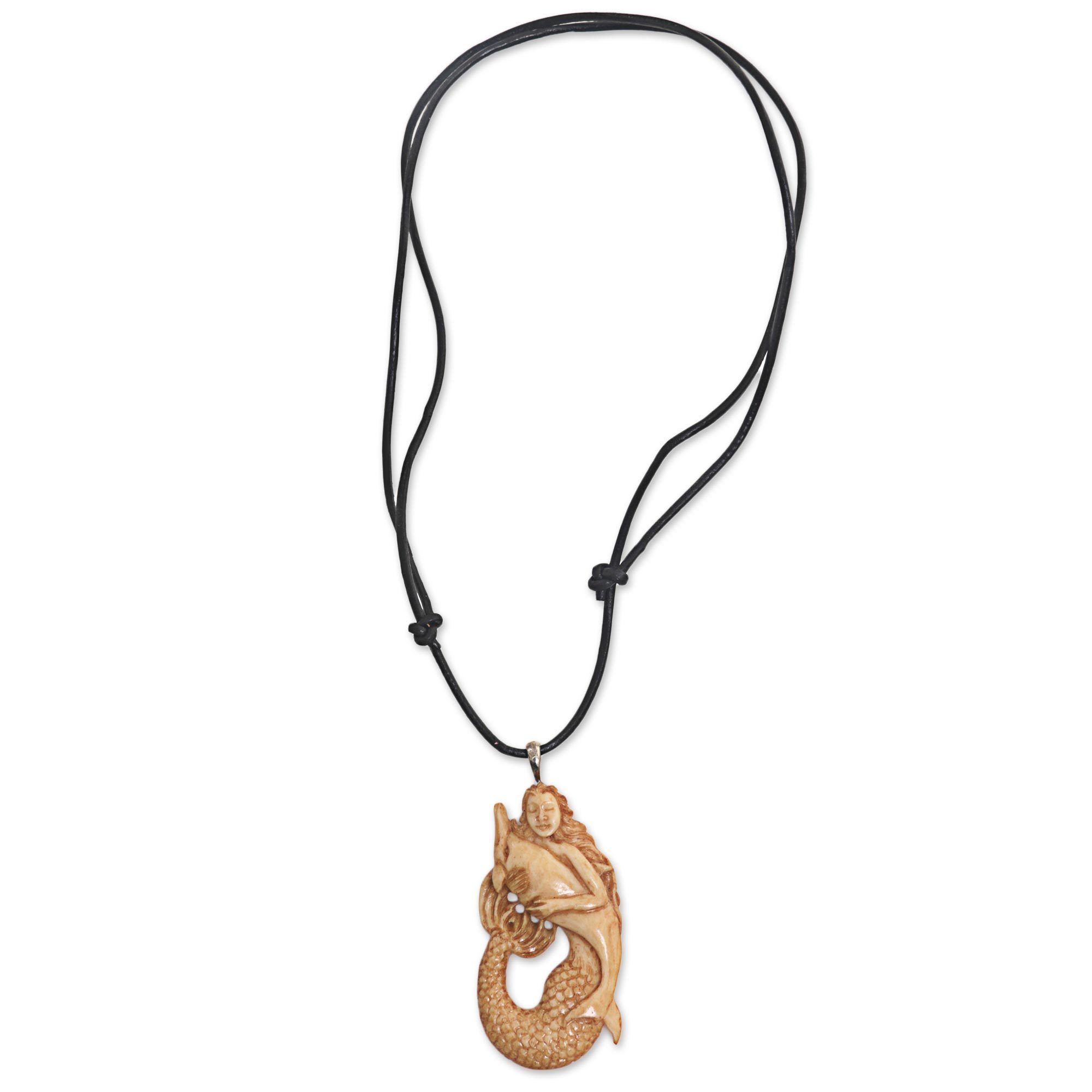 Premium Mermaid & Dolphin Hand-Carved Pendant Necklace - Unique Boho Jewelry