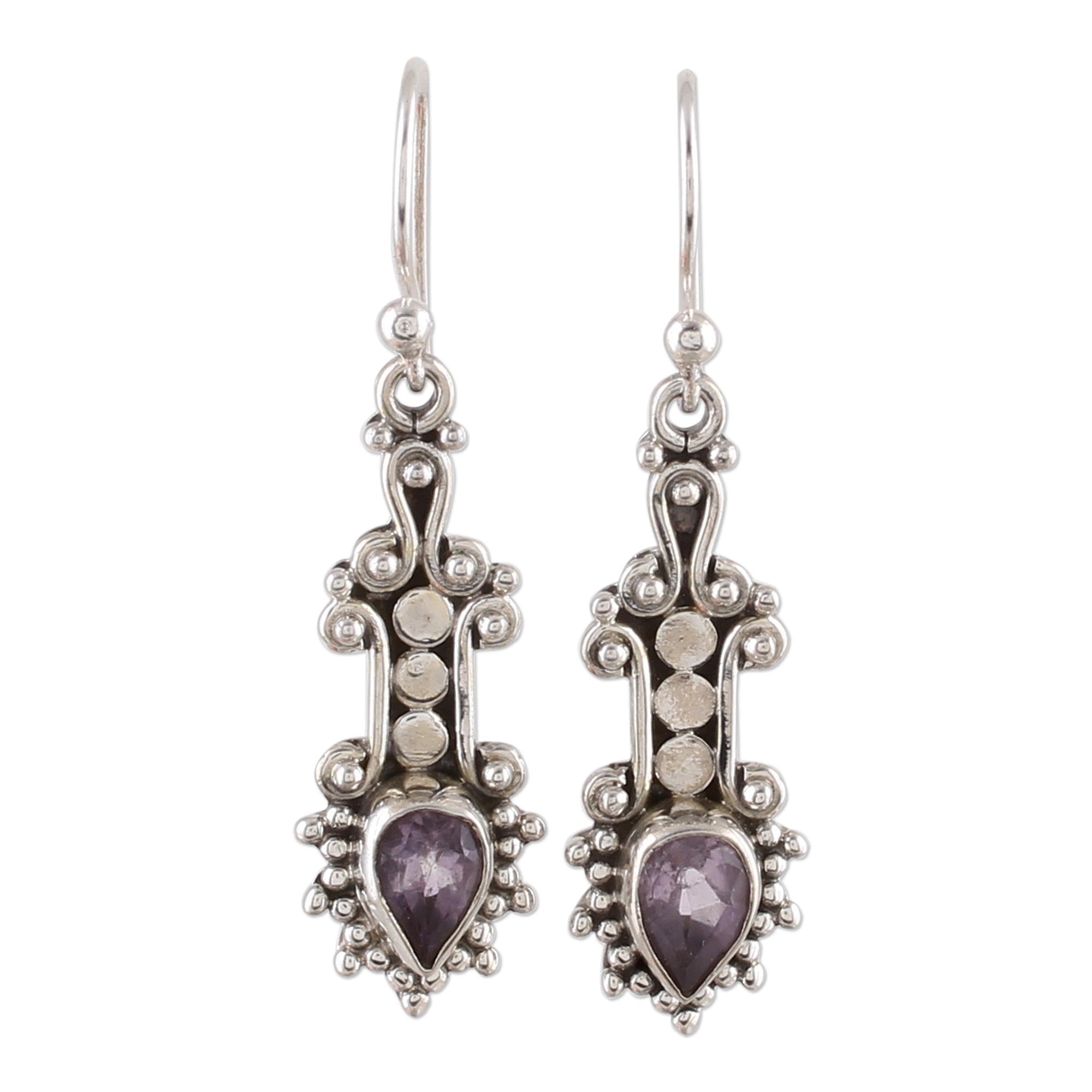 Premium Teardrop Amethyst Sterling Silver Dangle Earrings - Handcrafted in India