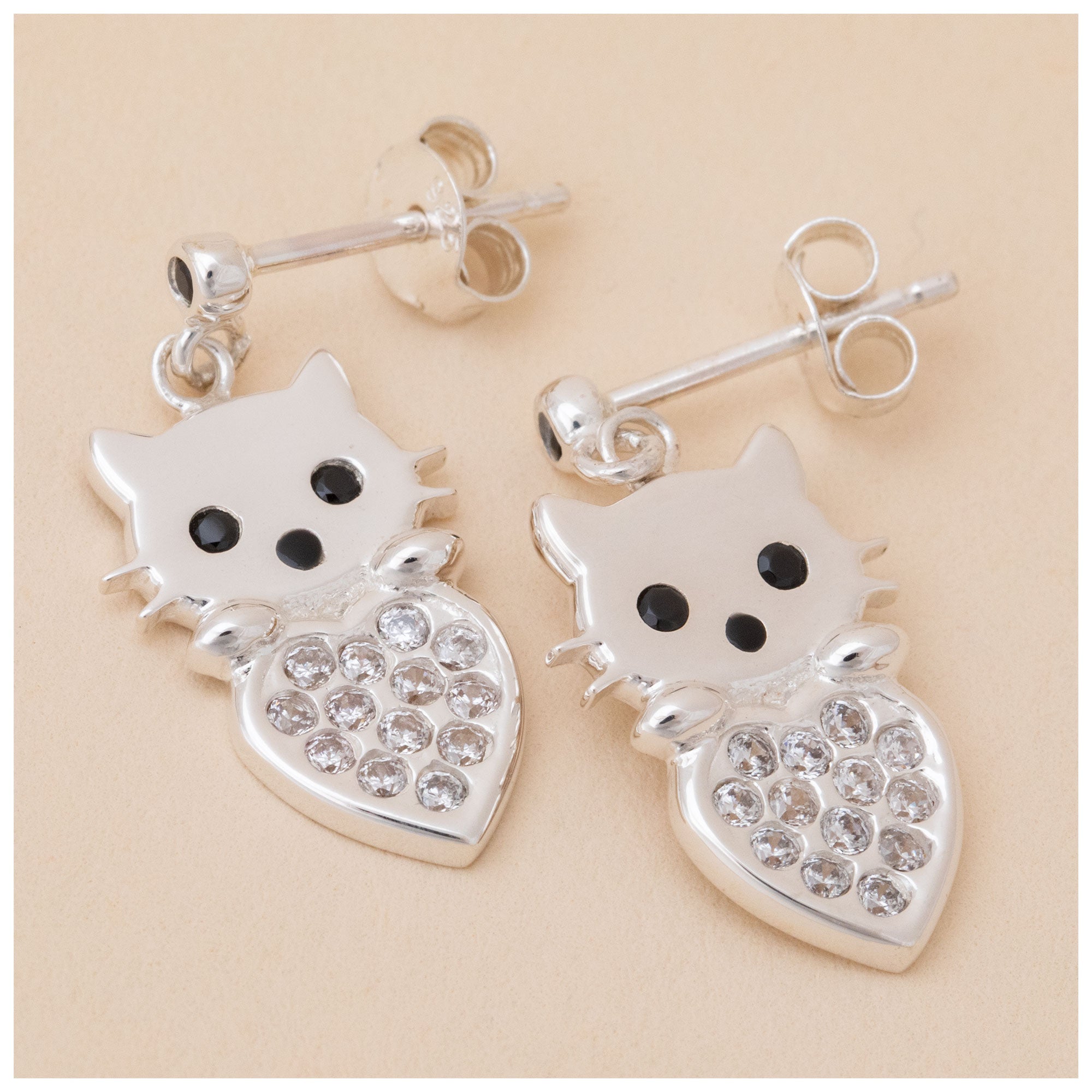 Premium Sterling Silver Cat & Heart Birth Month Drop Earrings