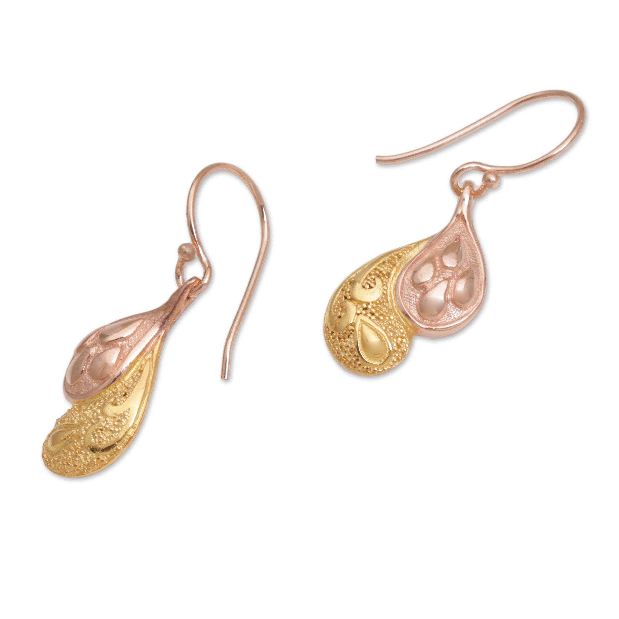 Premium Rosy Paisleys Rose Gold Plated Sterling Silver Dangle Earrings - Handcrafted in Bali