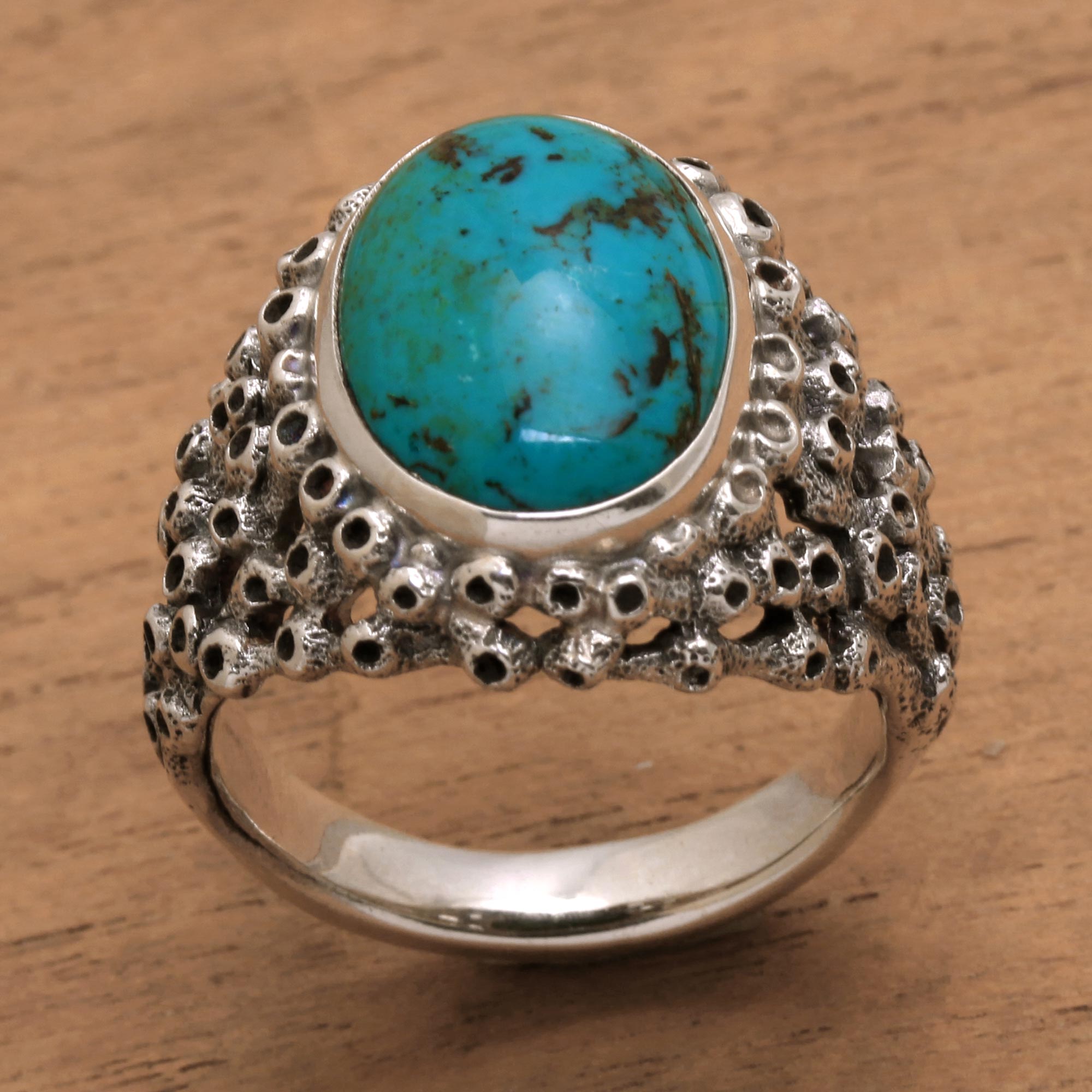 Premium Living Coral Men's Sterling Silver Ring with Turquoise