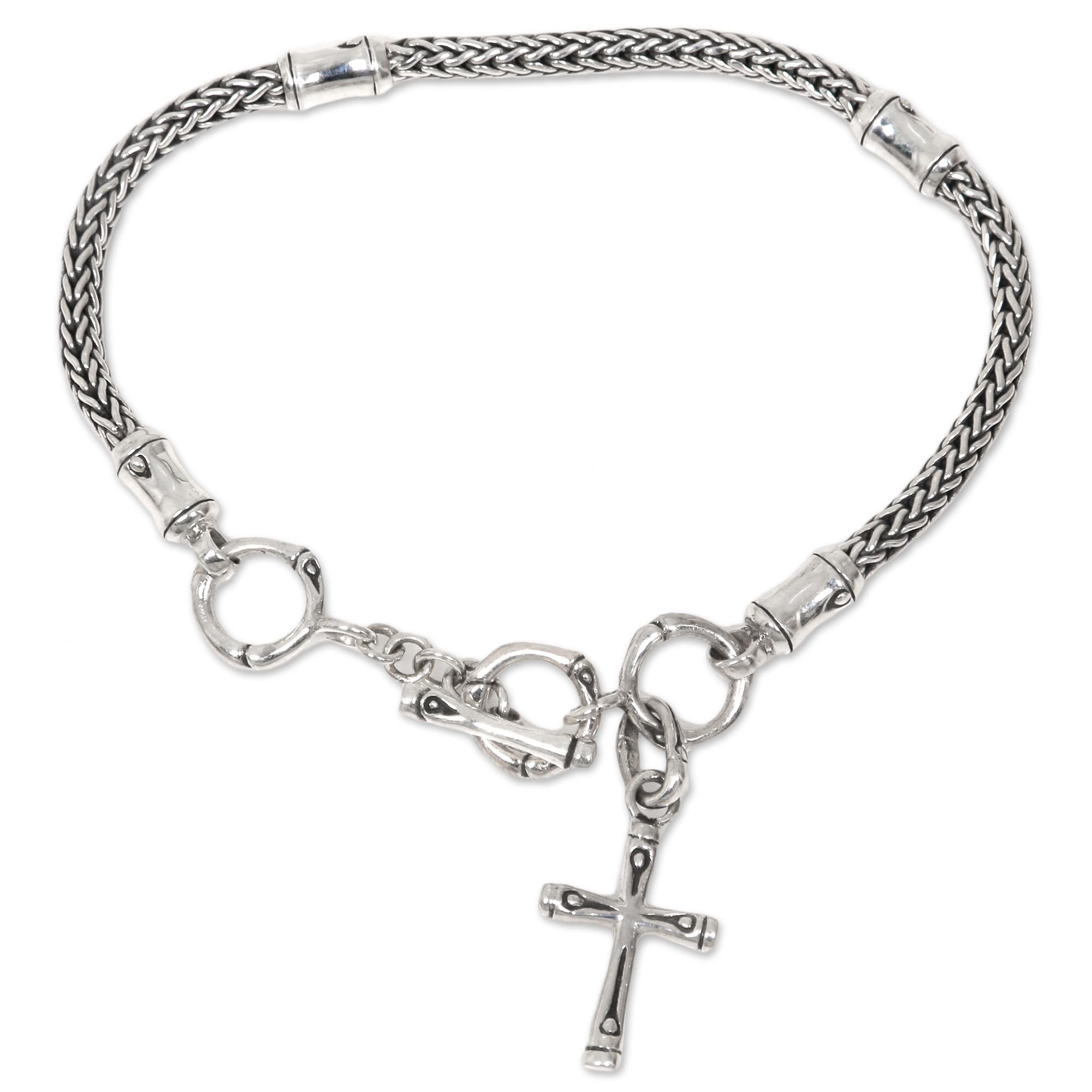 Premium Bamboo Cross Charm Bracelet - Handcrafted Sterling Silver Spiritual Jewelry from Bali