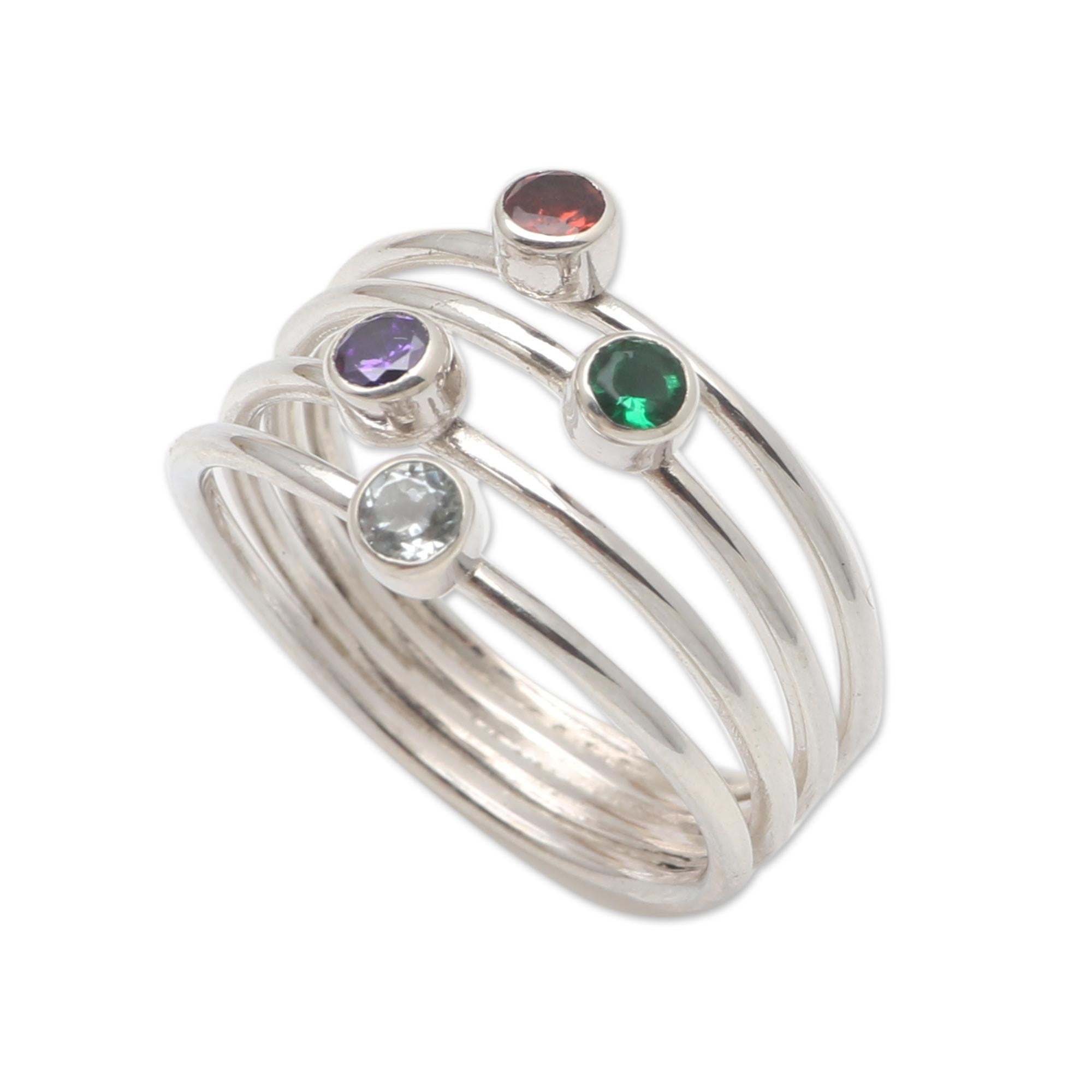 Premium Rainbow Stepping Stones Ring - Handcrafted Amethyst & Garnet Jewelry