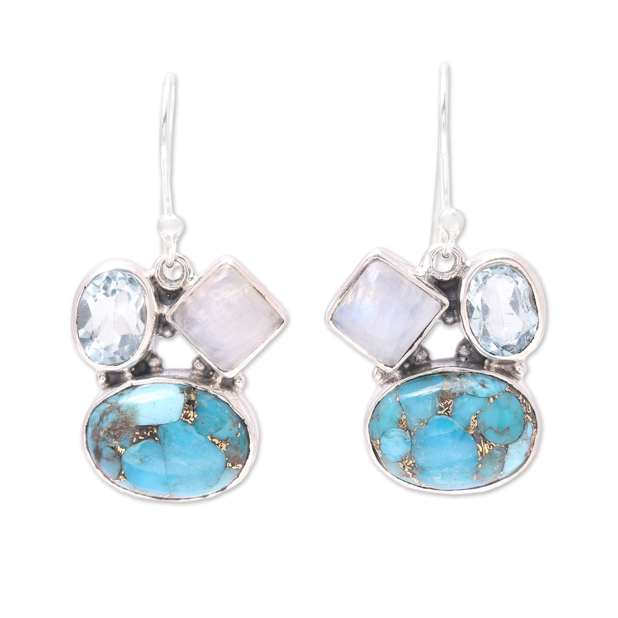 Premium Crystalline Waters Dangle Earrings: Blue Topaz & Rainbow Moonstone