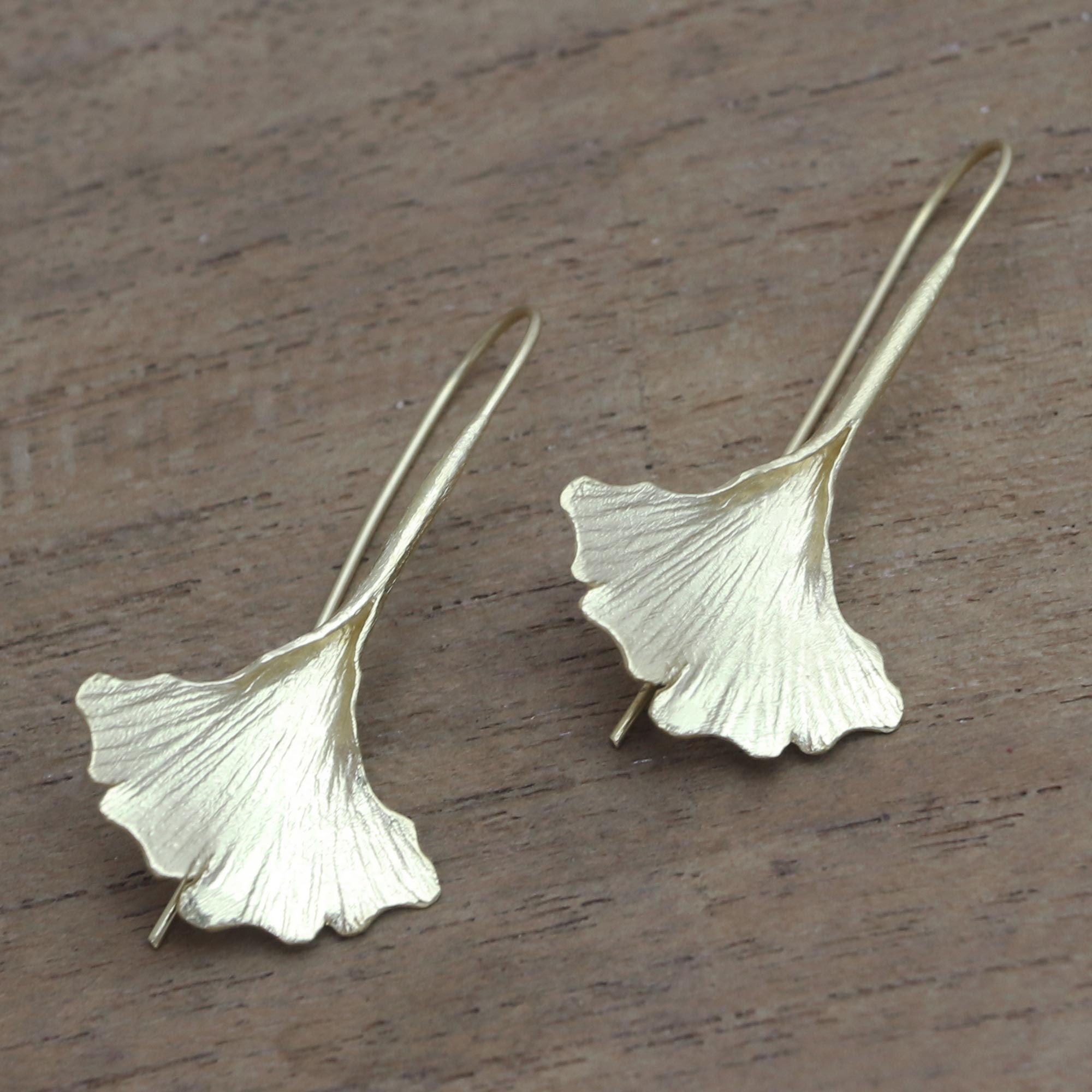 Premium Golden Ginko Leaf Drop Earrings - 18k Gold Plated Sterling Silver