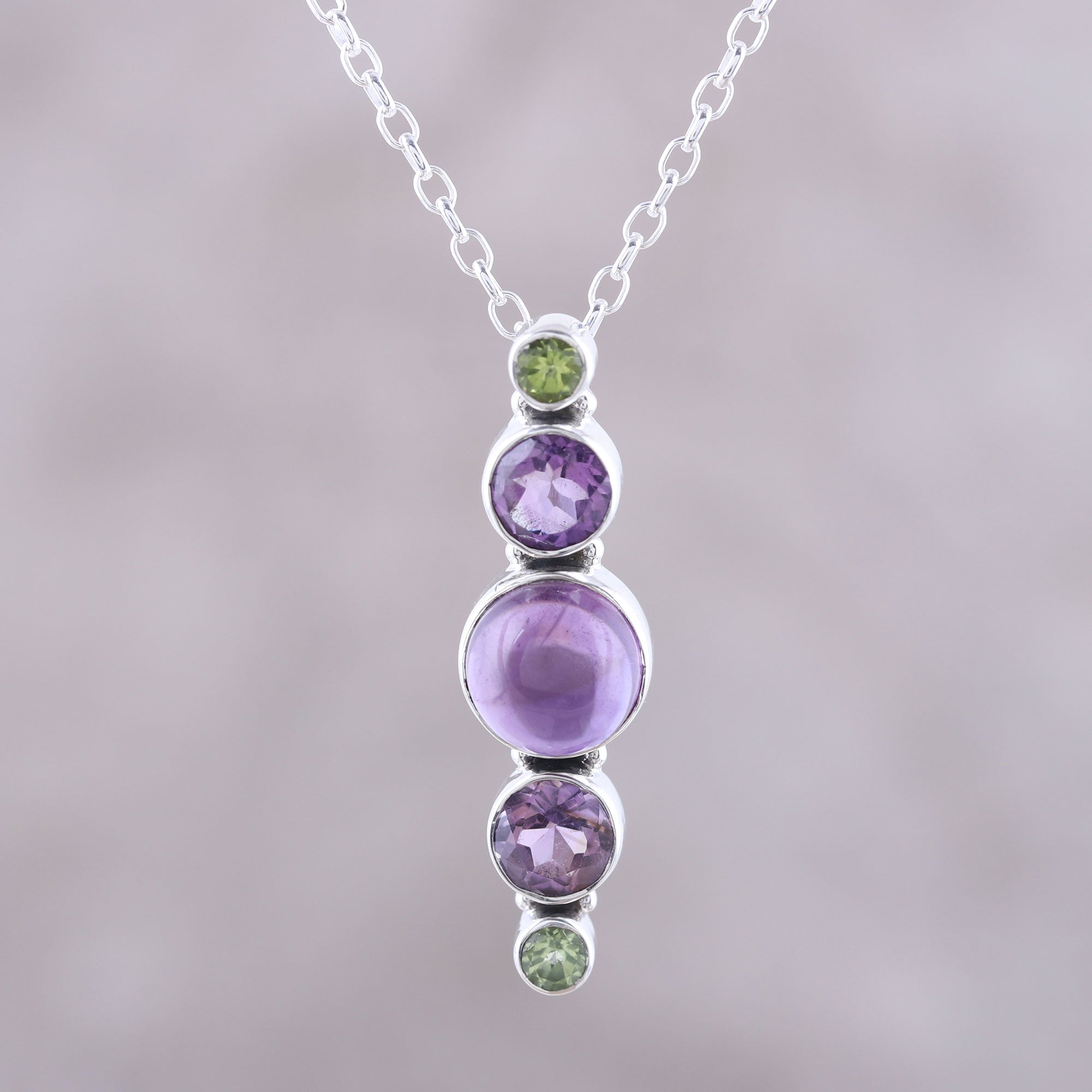 Premium Glittering Union Amethyst & Peridot Pendant Necklace - Handcrafted Sterling Silver Jewelry