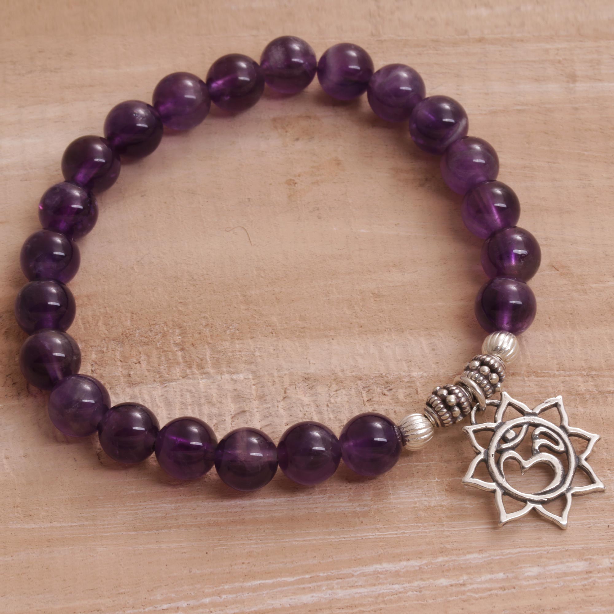 Premium Om Amethyst Floral Bracelet - Handcrafted in Bali