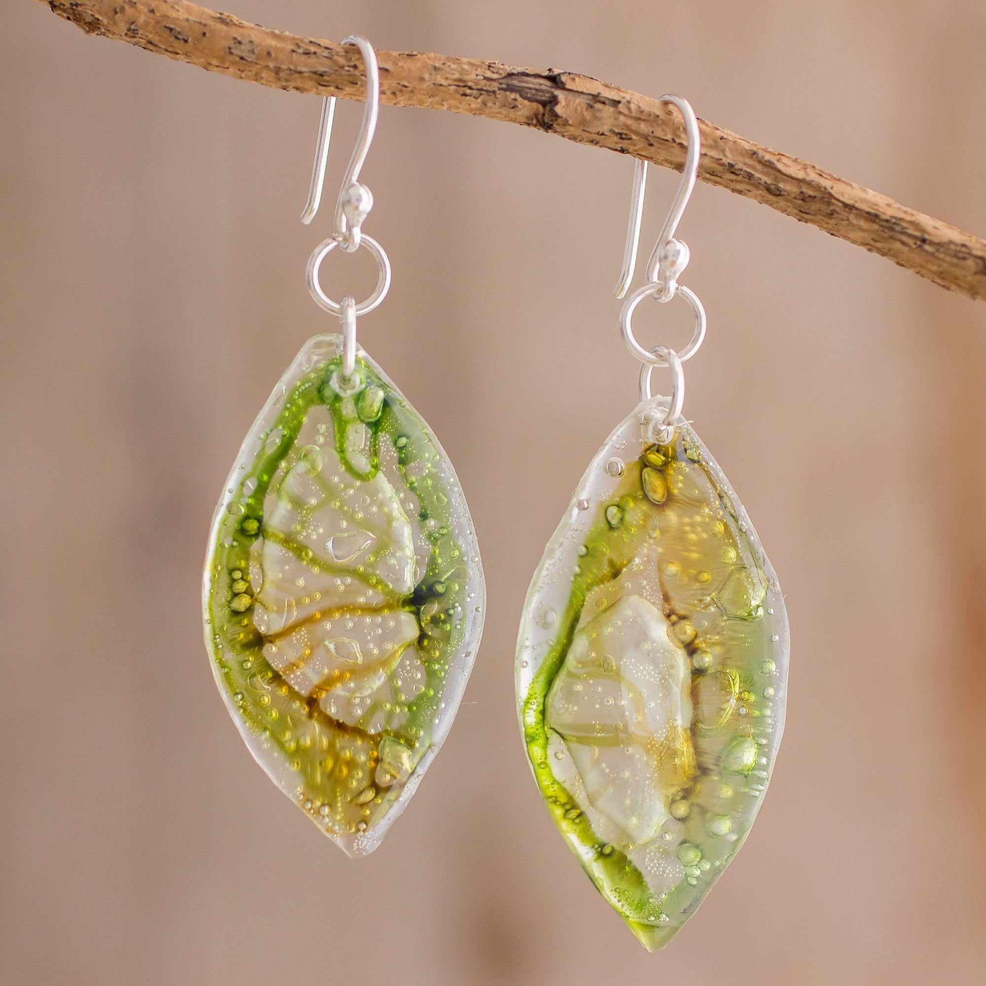 Premium Leafy Forest Green Recycled CD Dangle Earrings – Sustainable & Stylish