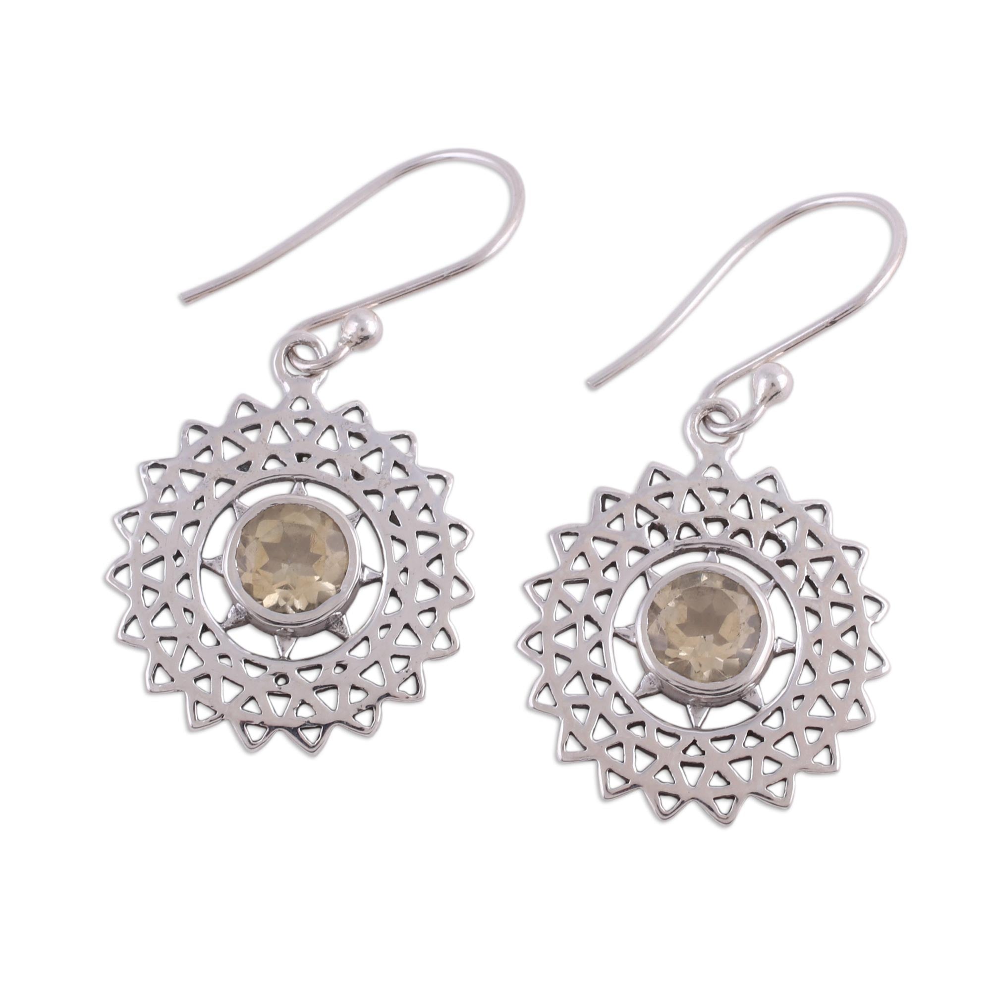 Premium Citrine and Silver Sun Ray Dangle Earrings - Handcrafted in India