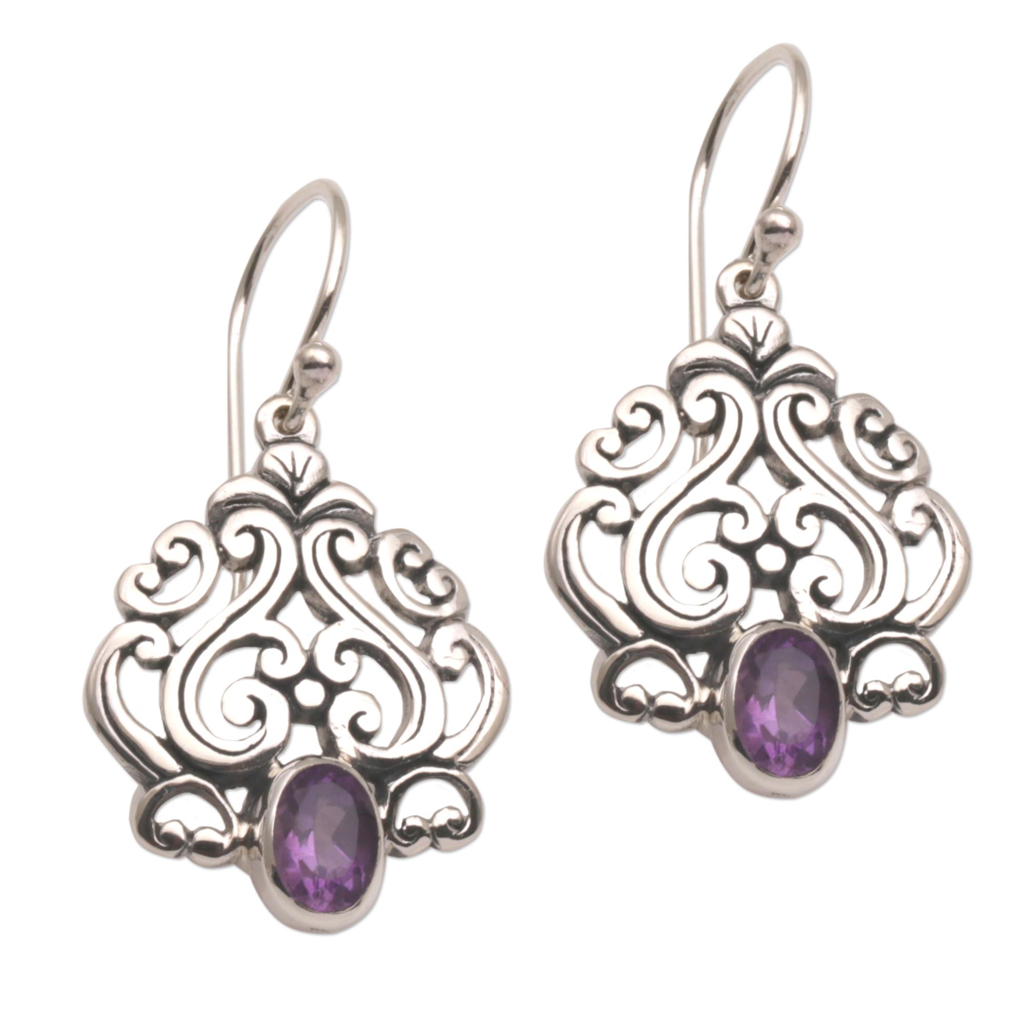 Premium Amethyst Dangle Earrings in Sterling Silver - Handcrafted in Bali