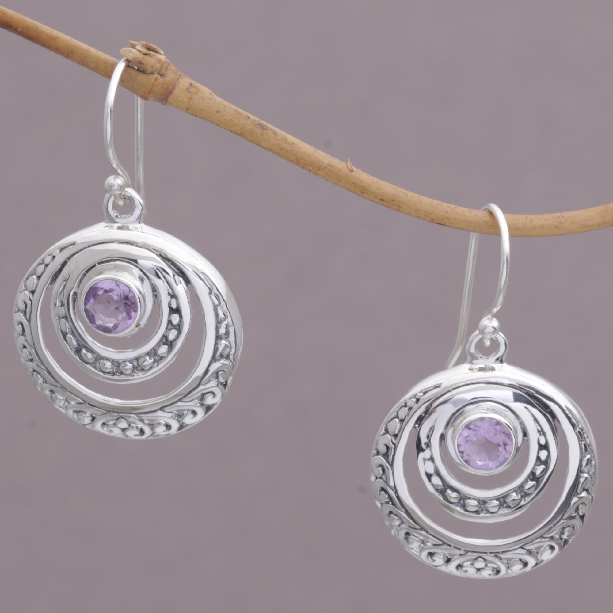 Premium Heavenly Gleam Amethyst Sterling Silver Crescent Earrings - Bali Handcrafted