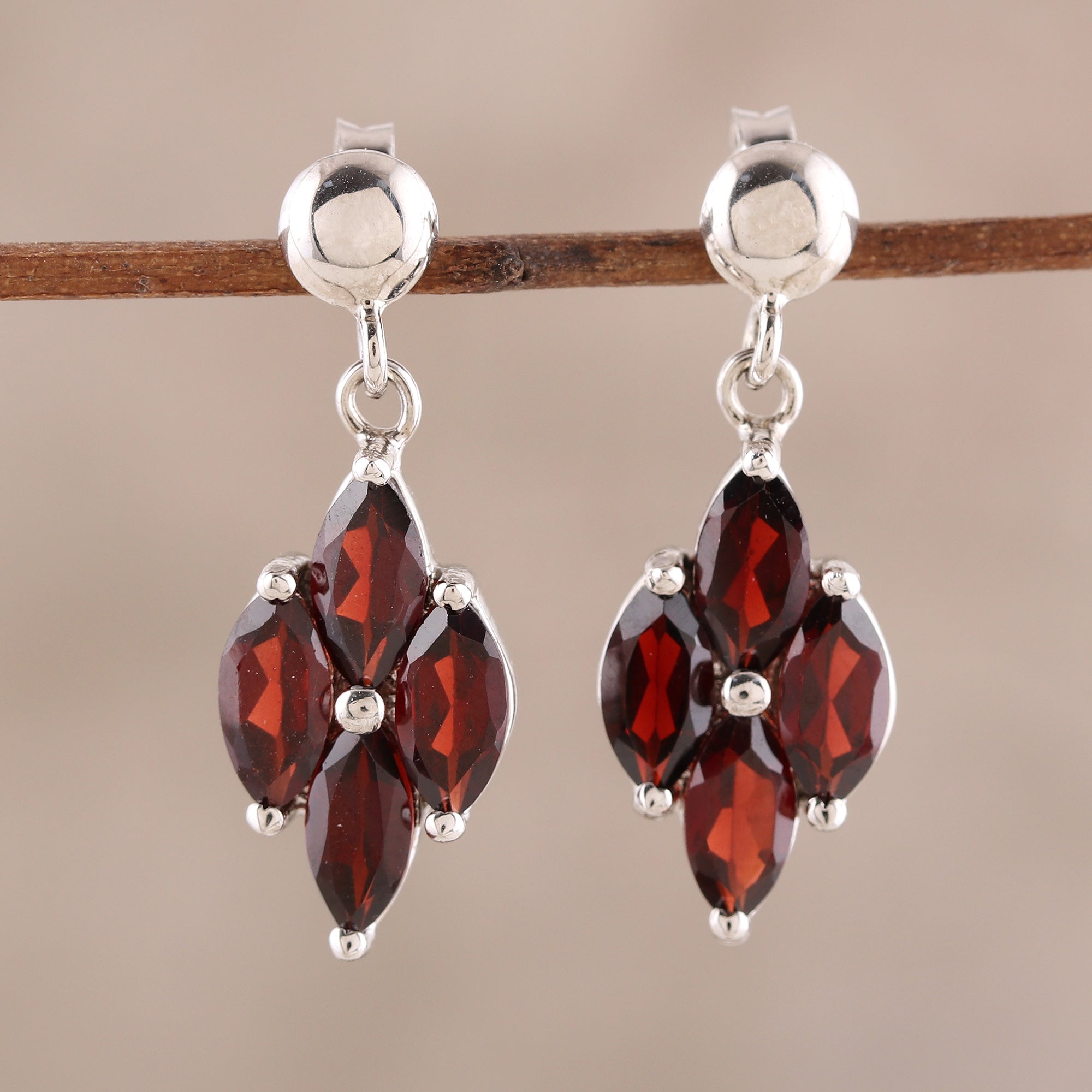 Premium 3-Carat Rhodium Plated Garnet Dangle Earrings | Handcrafted in India