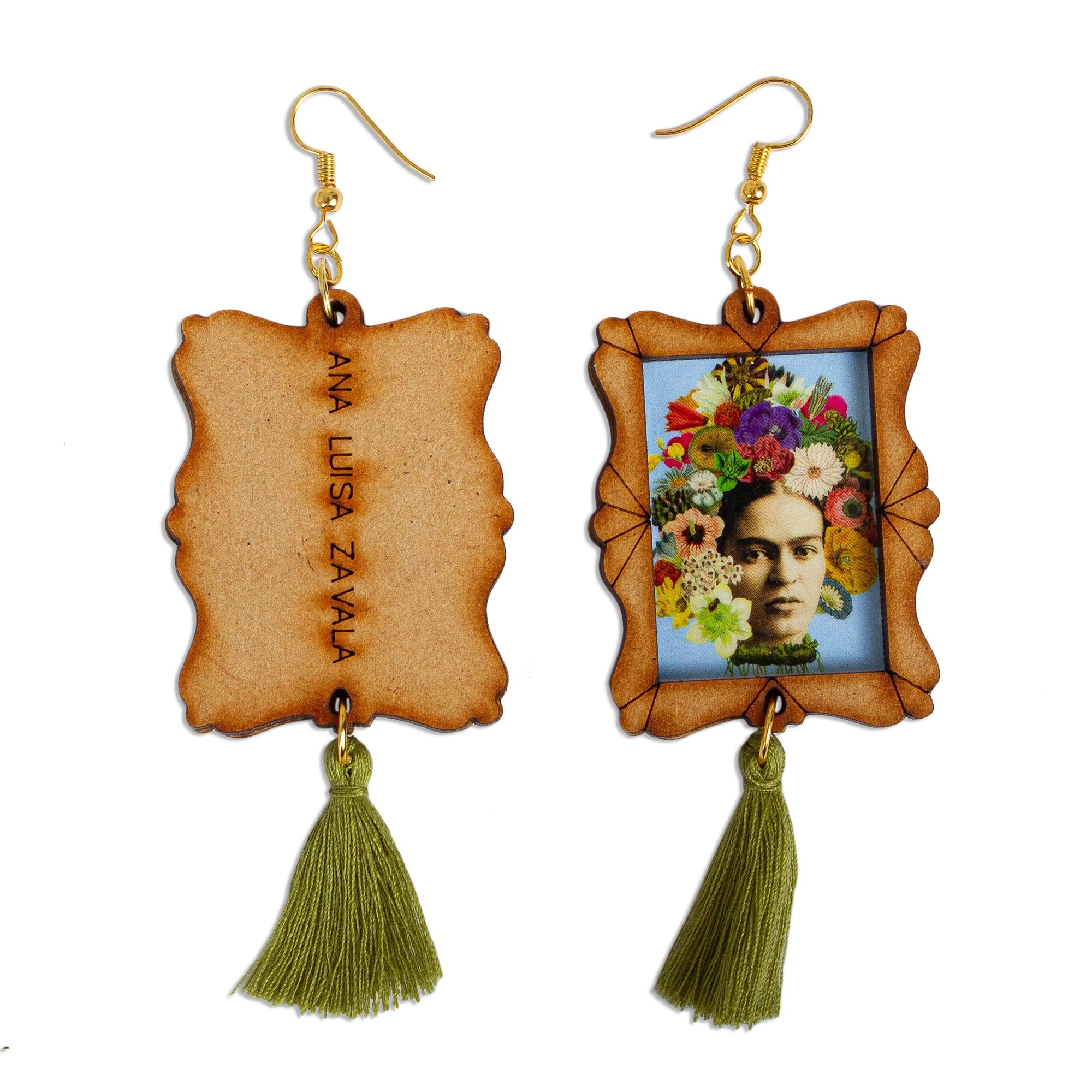 Premium Frida Kahlo Handcrafted Wood Dangle Earrings with Floral Design