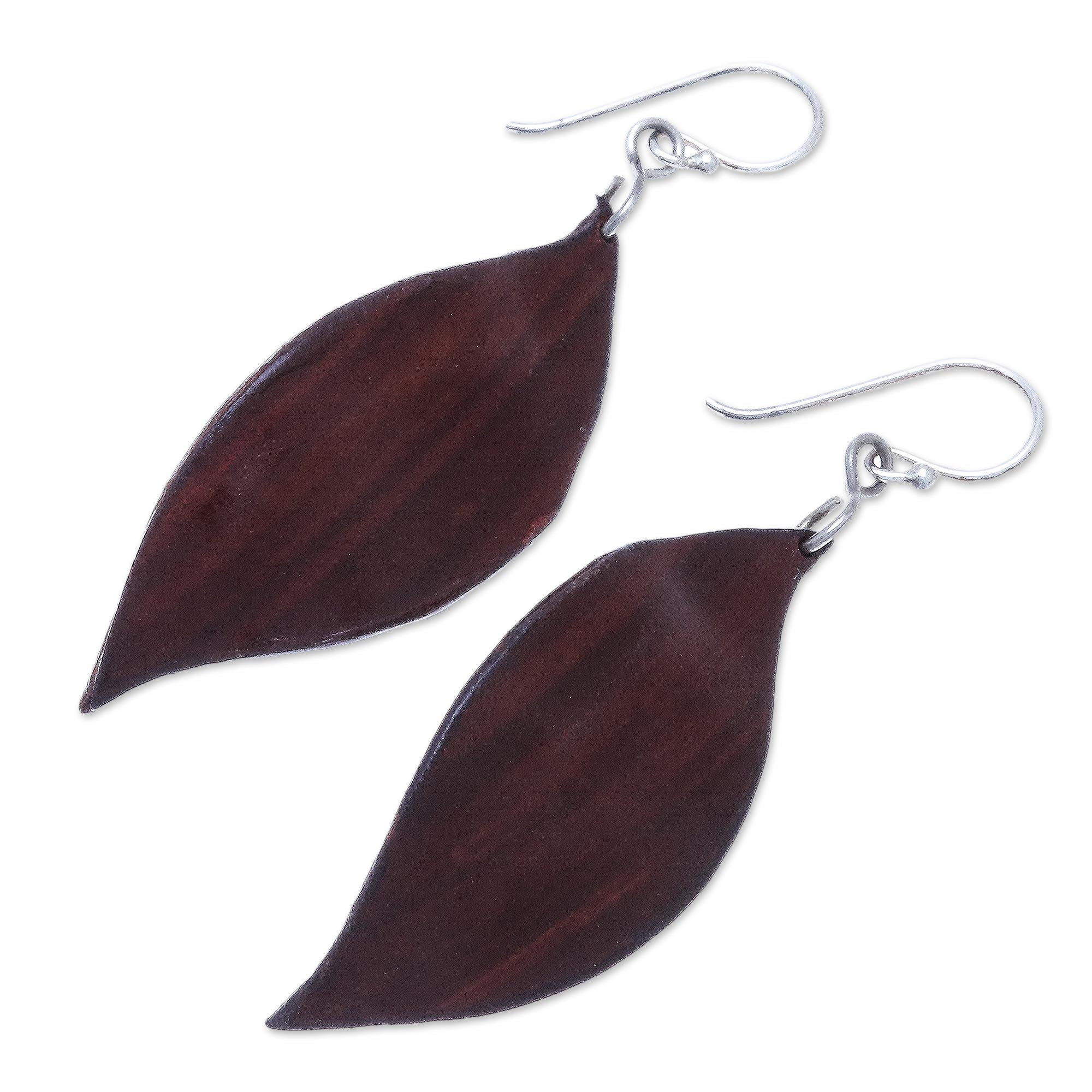 Premium Brown Leaf-Shaped Leather Dangle Earrings – Handcrafted in Thailand