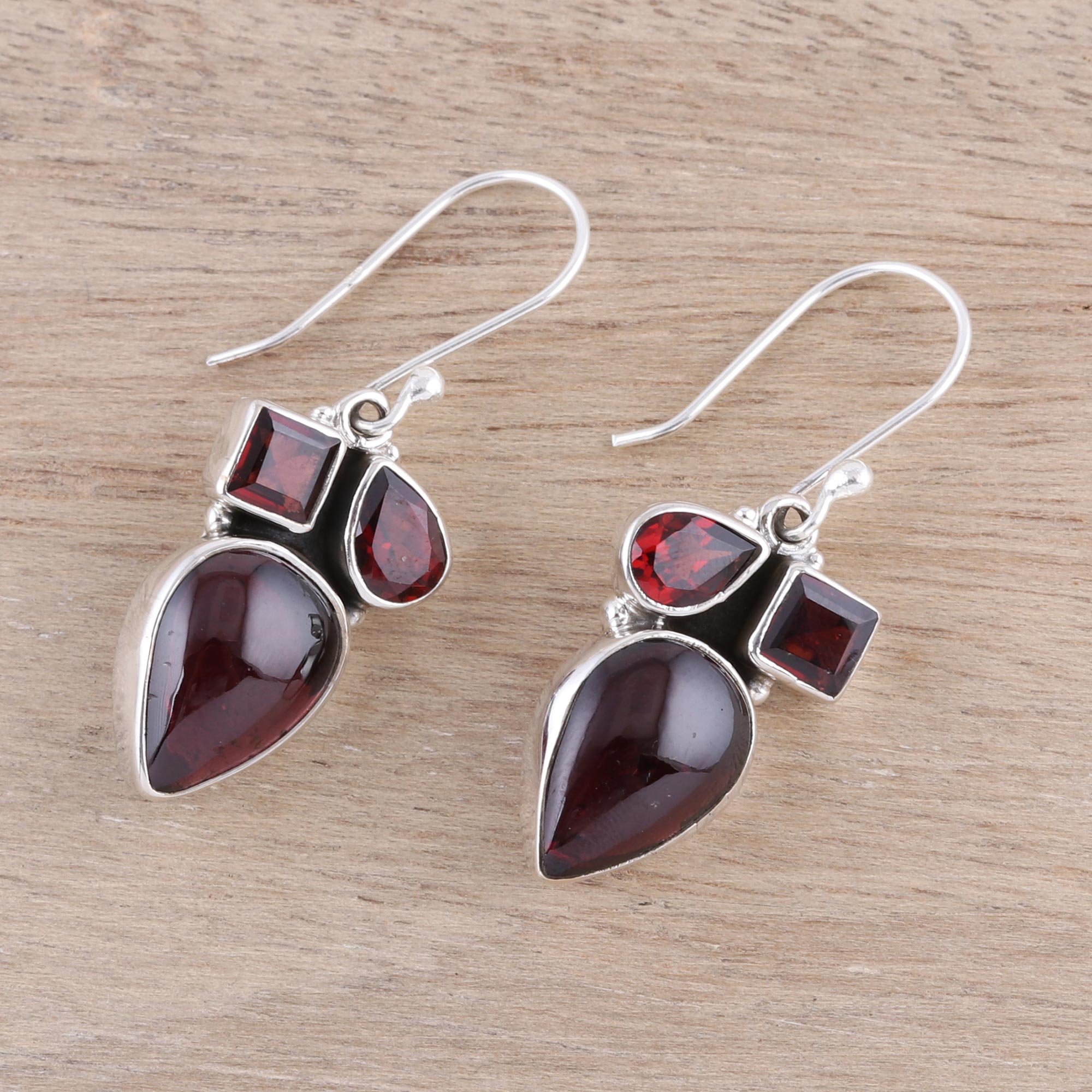 Premium Natural Garnet Dangle Earrings – Handcrafted Sterling Silver Jewelry