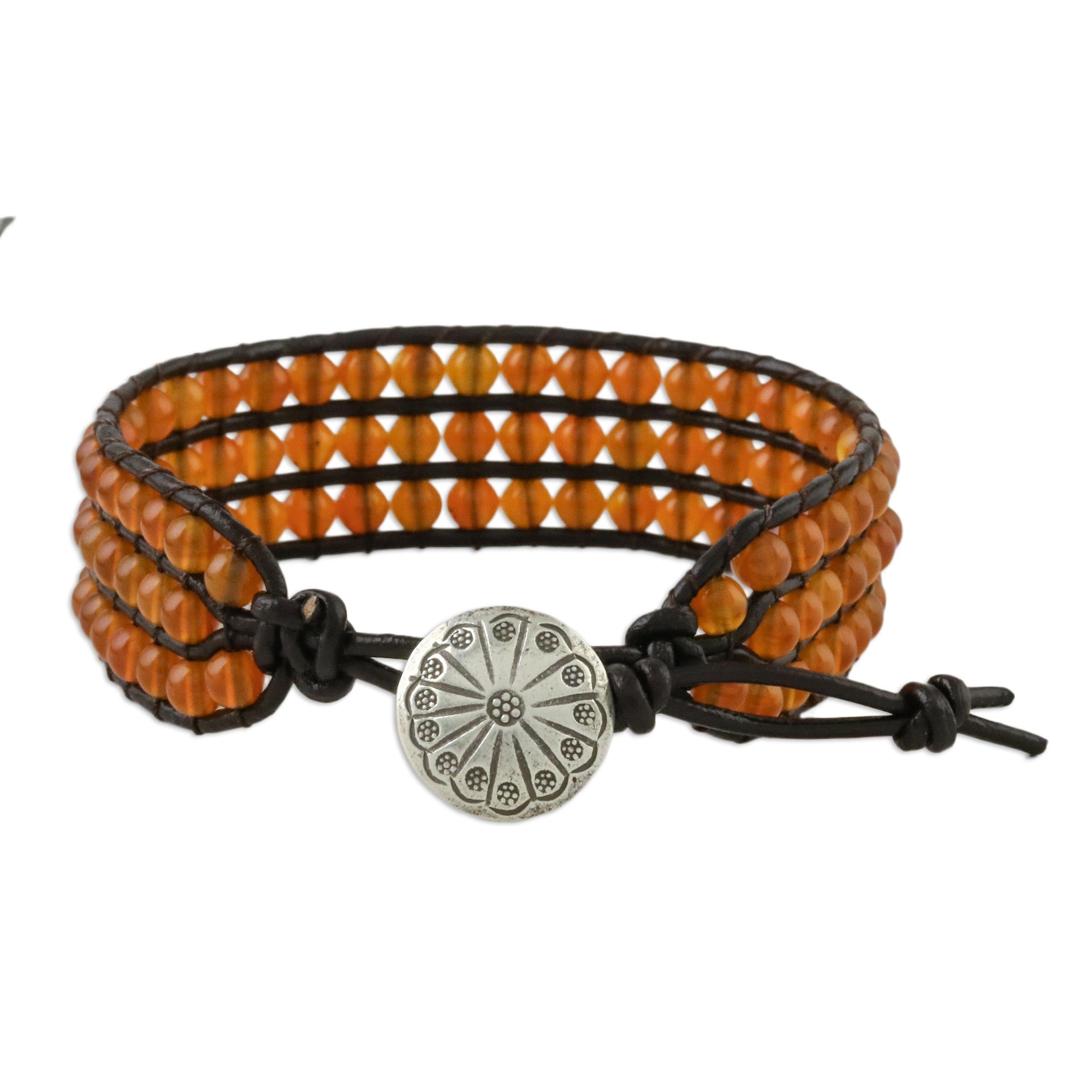 Premium Carnelian Bead & Karen Silver Button Adjustable Leather Bracelet