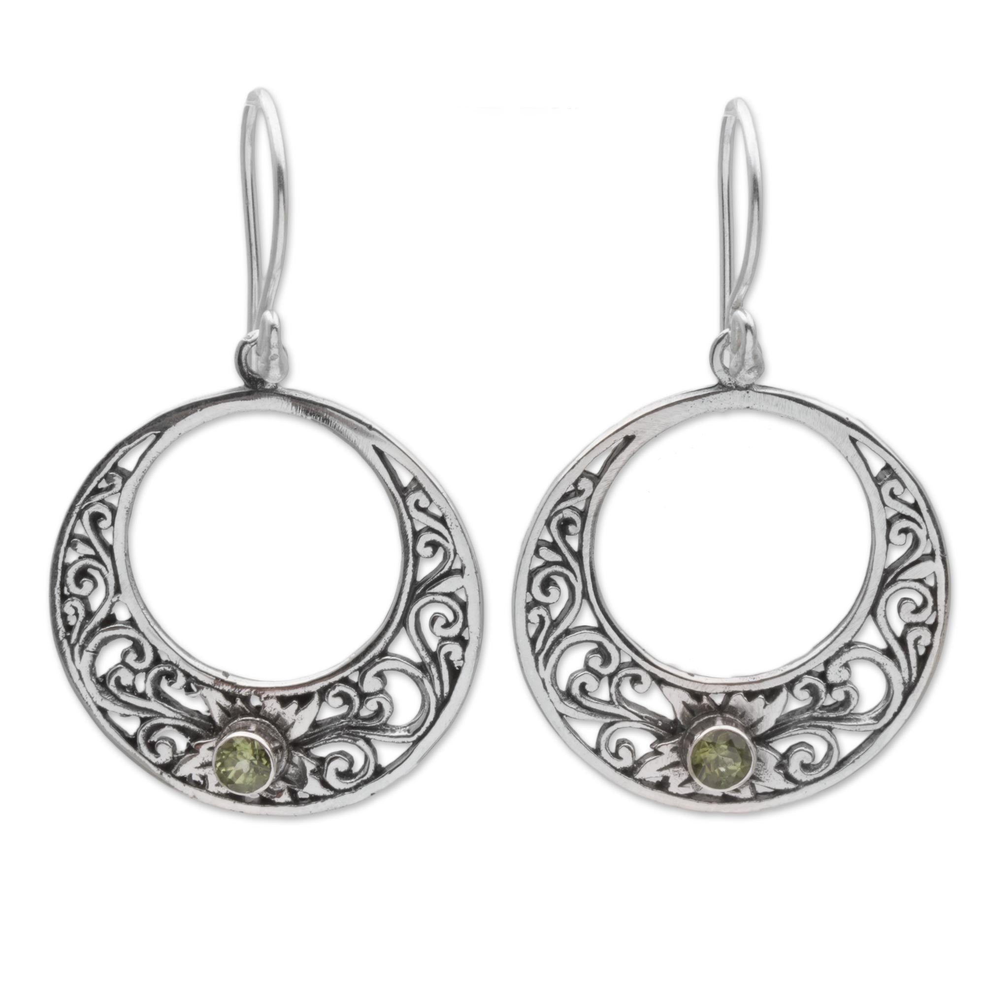 Premium Crescent Spirals Peridot Dangle Earrings - Handcrafted 925 Sterling Silver from Bali