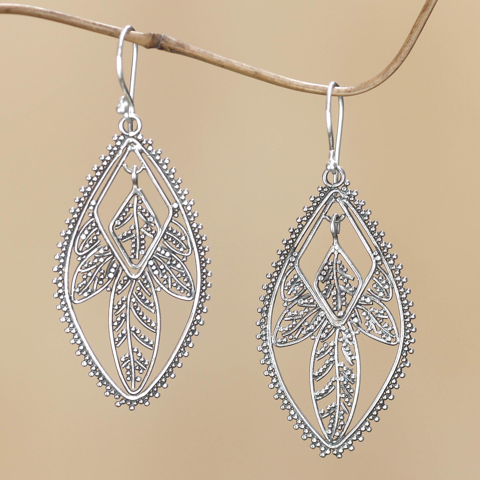 Premium Dewdrop Leaf Sterling Silver Dangle Earrings - Handcrafted Elegance