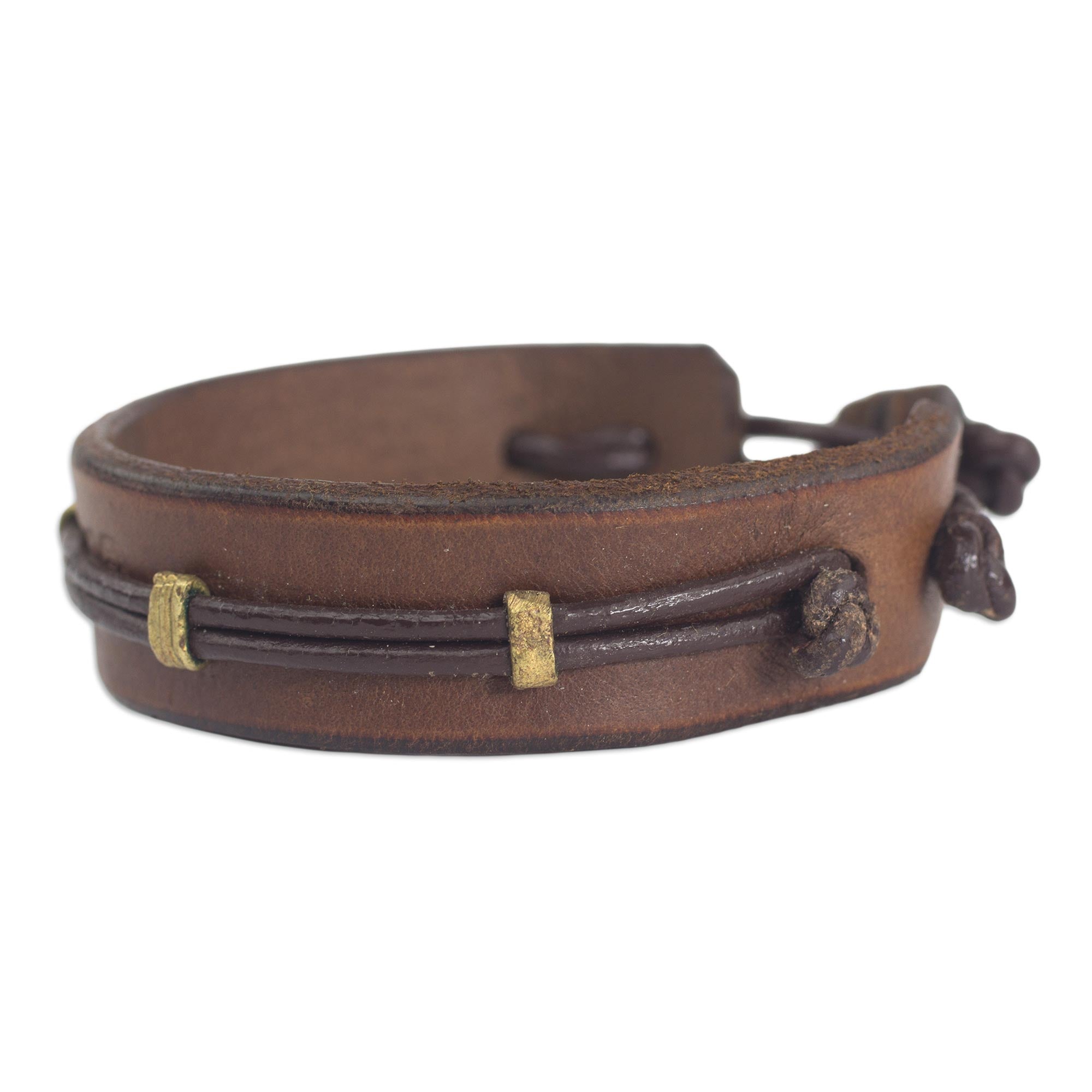 Premium Handcrafted Leather Wristband Bracelet for Men - Brown with Brass Accents