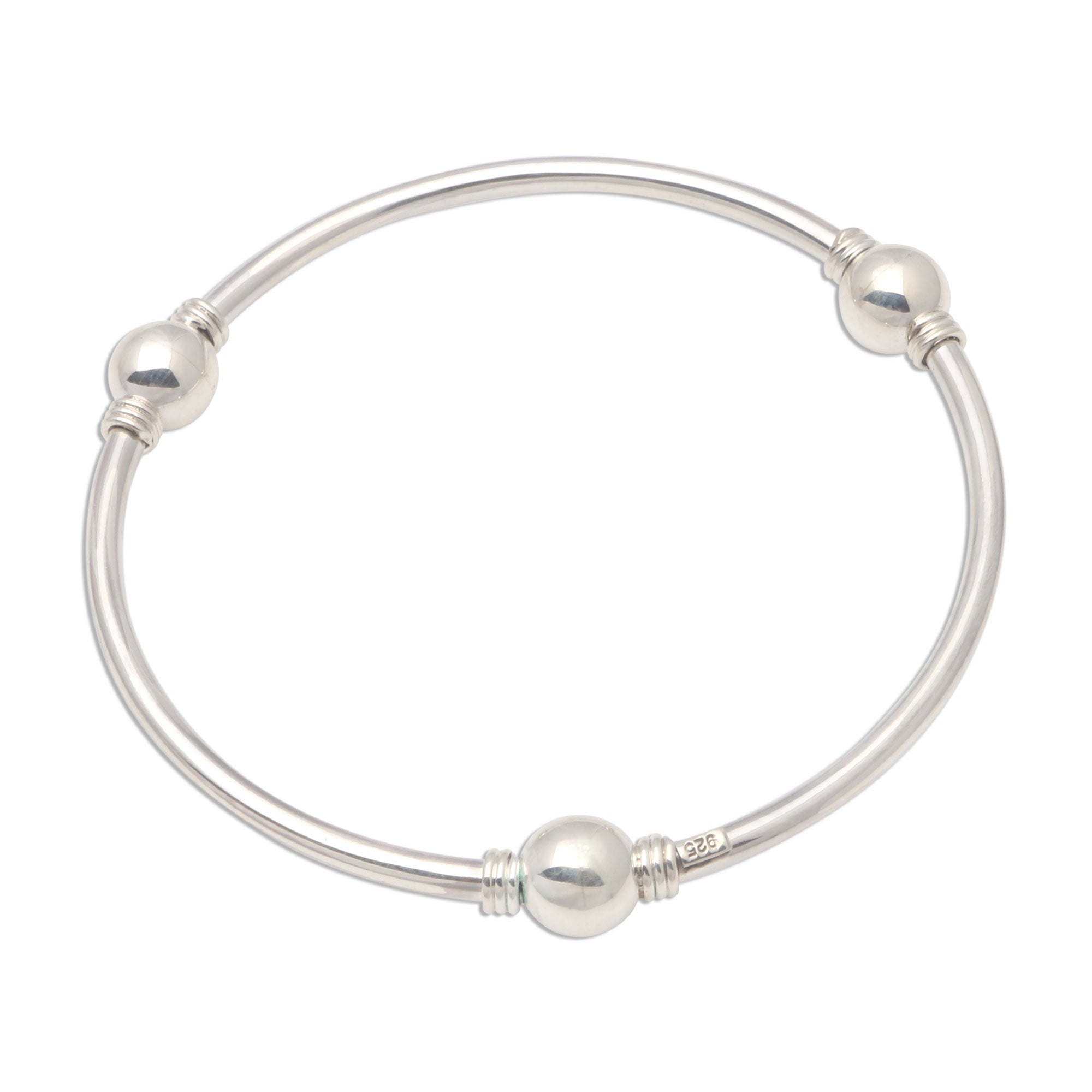 Premium Round Trio Orb Motif Sterling Silver Bangle Bracelet - Handcrafted in Bali