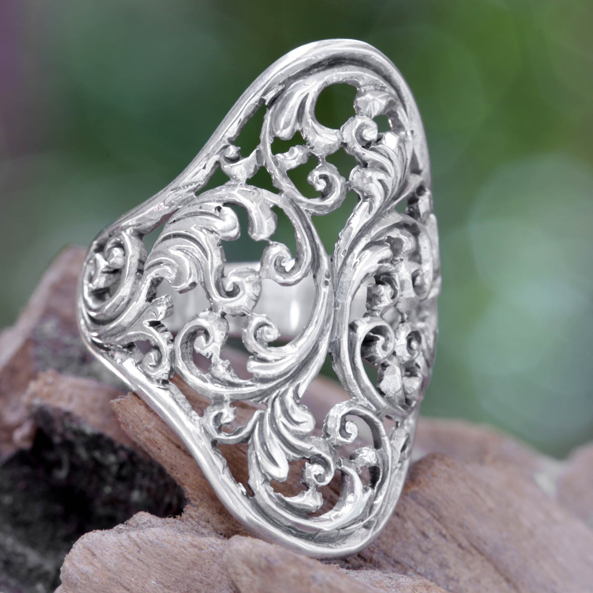 Premium Celuk Fern Silver Floral Cocktail Ring - Handcrafted Elegance